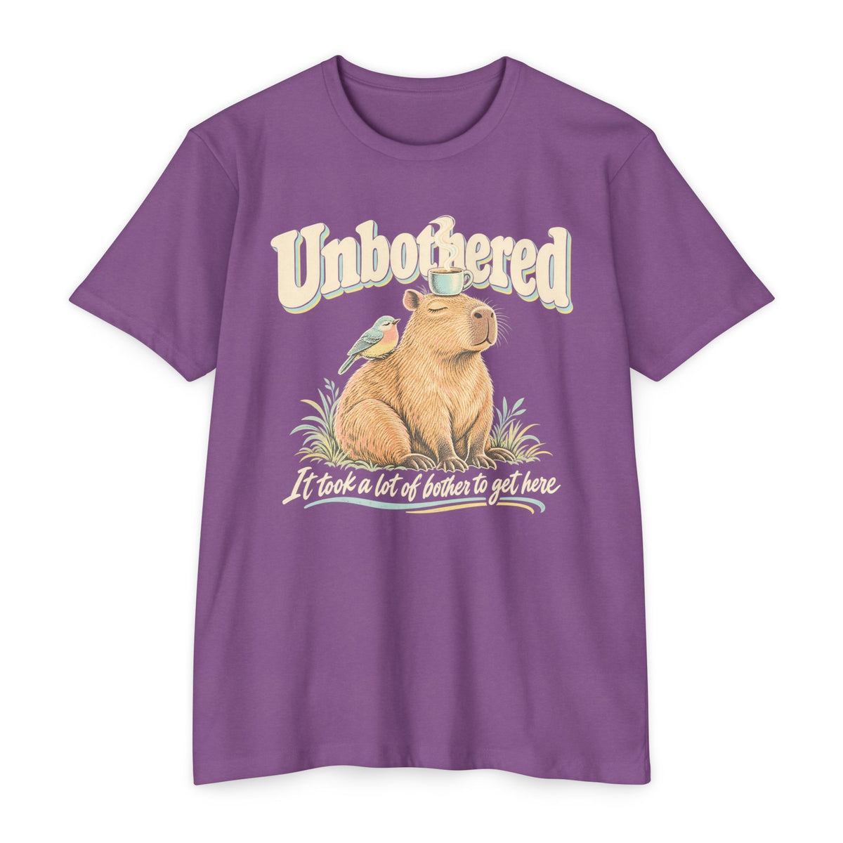 Lavender purple T-shirt with unbothered capybara holding a coffee cup graphic
