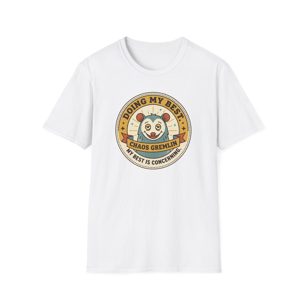 White crewneck T-shirt with circular cartoon gremlin graphic centered on front