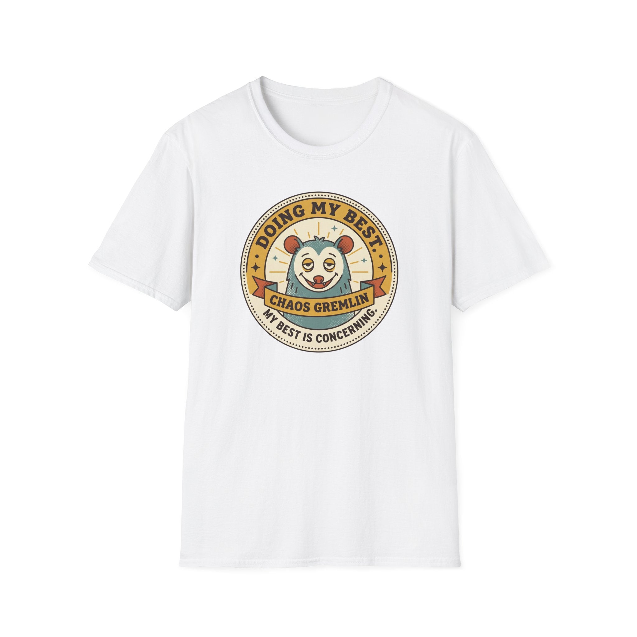 White crewneck T-shirt with circular cartoon gremlin graphic centered on front