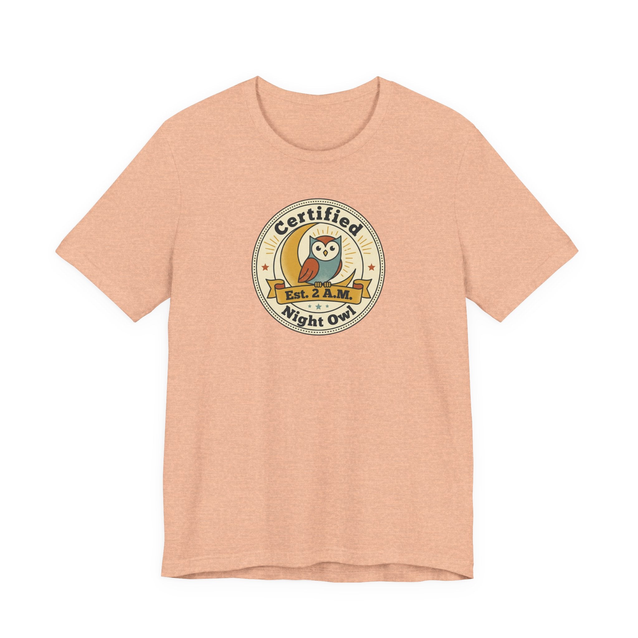 Peach T-shirt with certified night owl badge graphic on chest