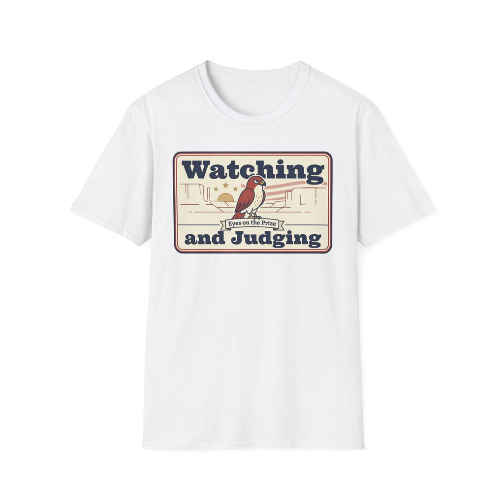 White T-shirt with vintage bird graphic and Watching and Judging print