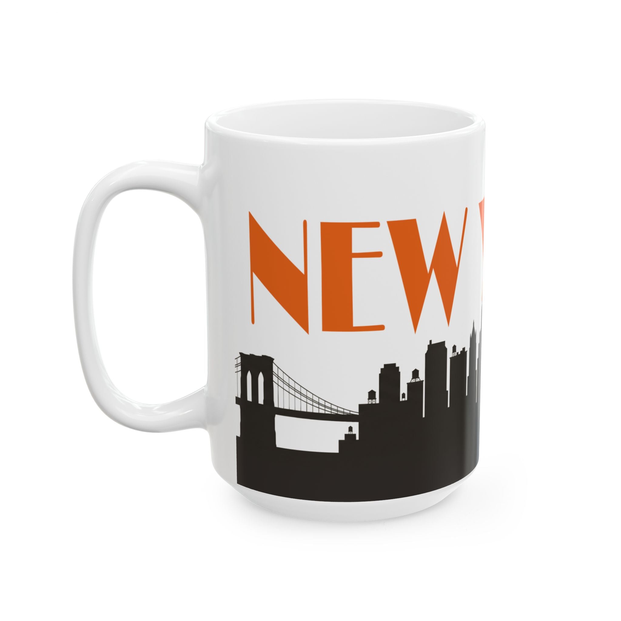 White ceramic coffee mug with orange “NEW” text and black skyline silhouette