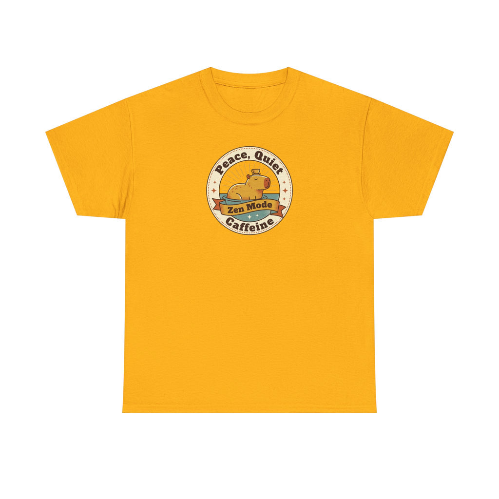 Orange crew neck T-shirt with Peace Quiet Caffeine Zen Mode circular emblem
