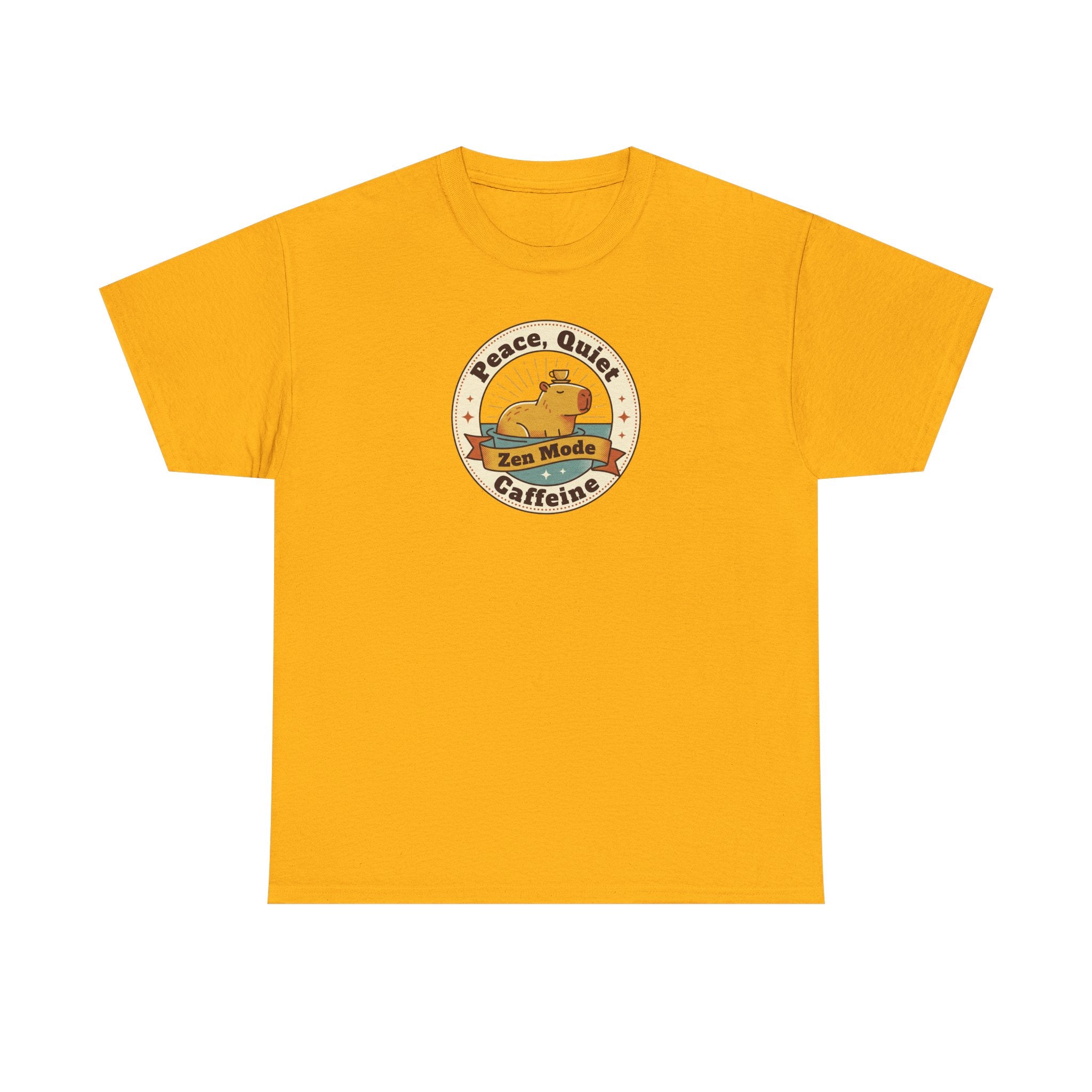 Orange crew neck T-shirt with Peace Quiet Caffeine Zen Mode circular emblem