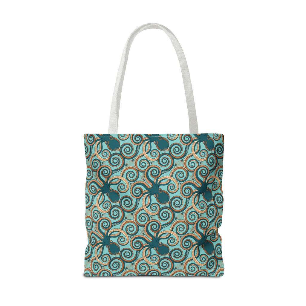 Octopus swirl tote bag with teal and turquoise all-over pattern, white handles.