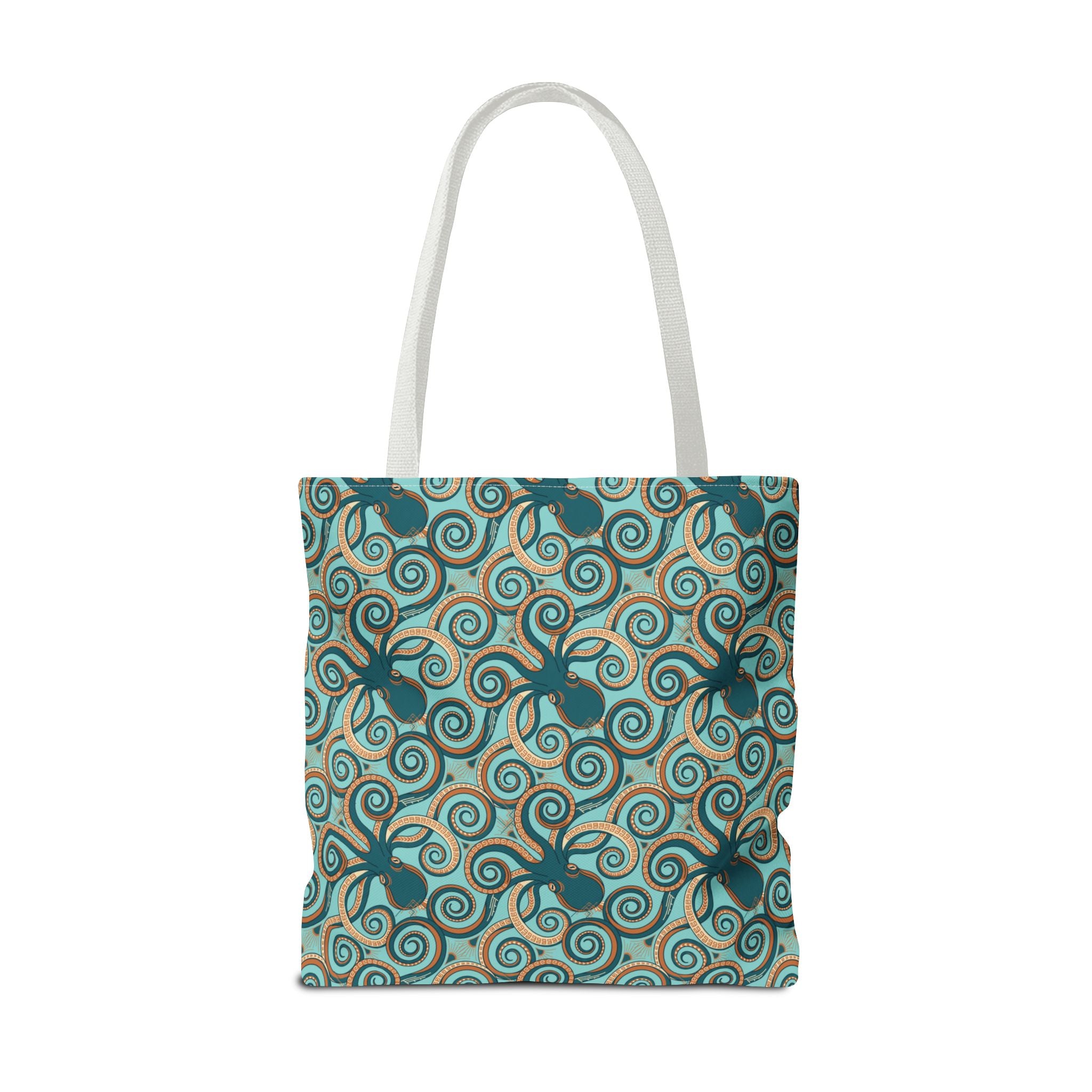 Octopus swirl tote bag with teal and turquoise all-over pattern, white handles.