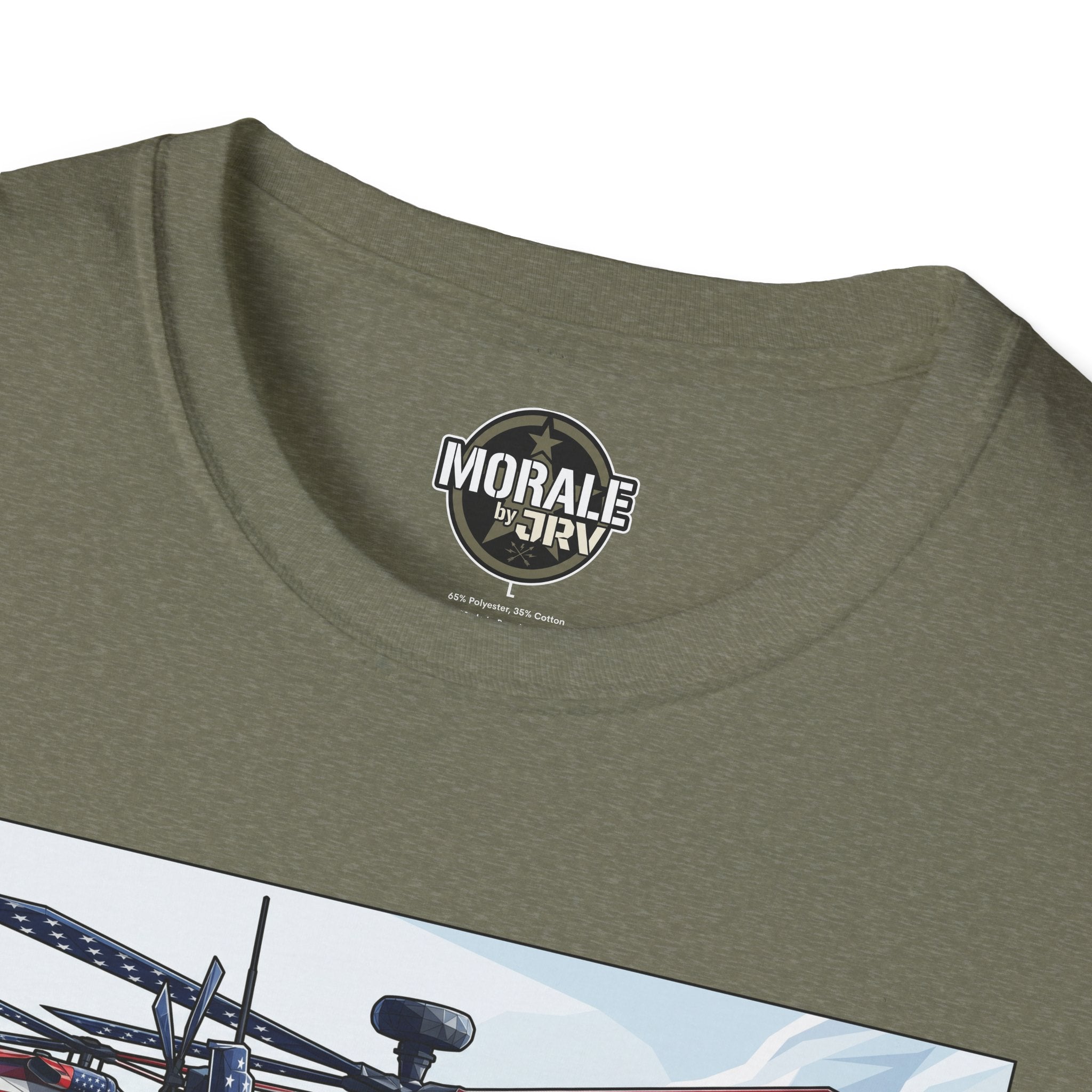 Olive green T-shirt neckline with MORAL MARTI logo patch