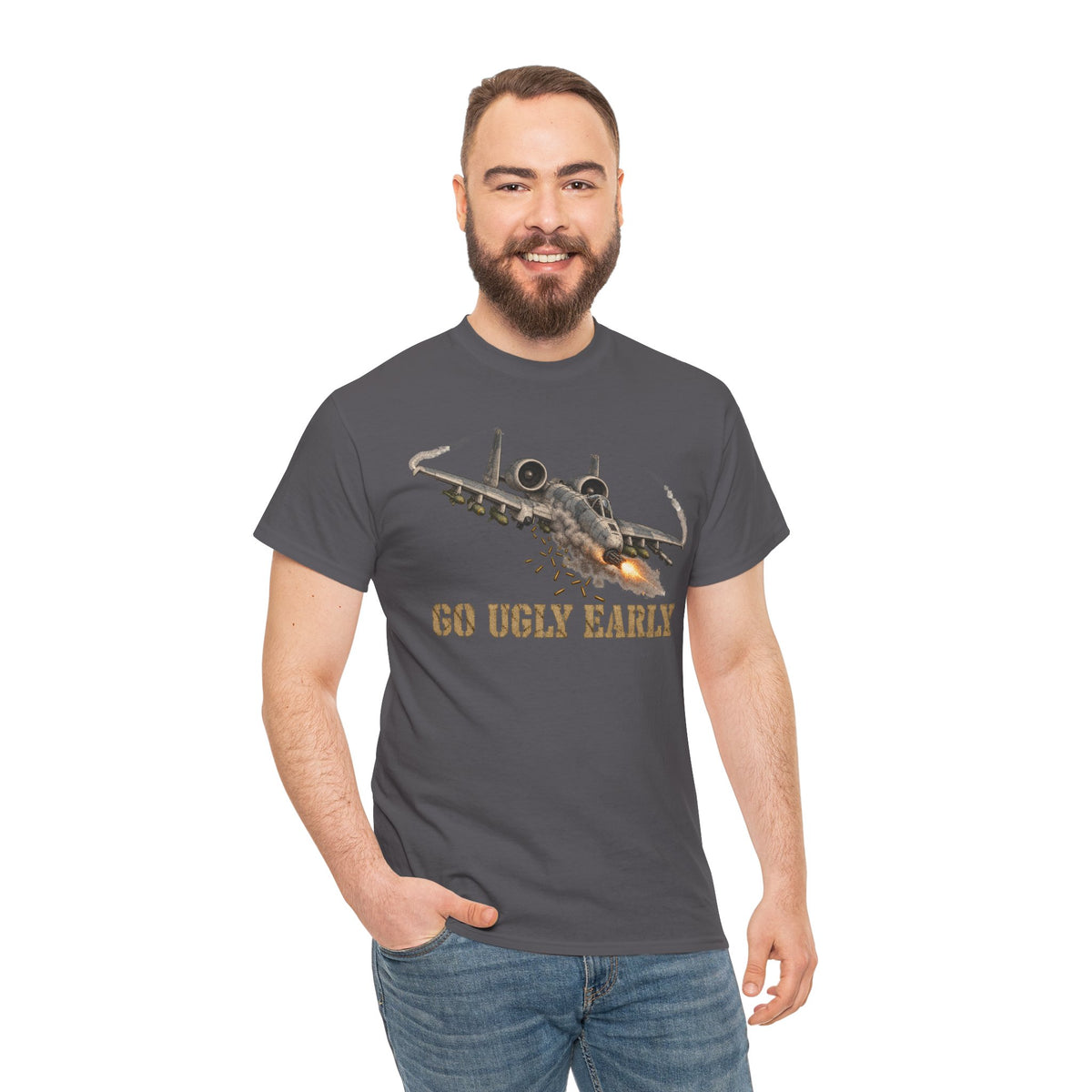 Charcoal T-shirt with jet graphic and "GO UGLY EARLY" text