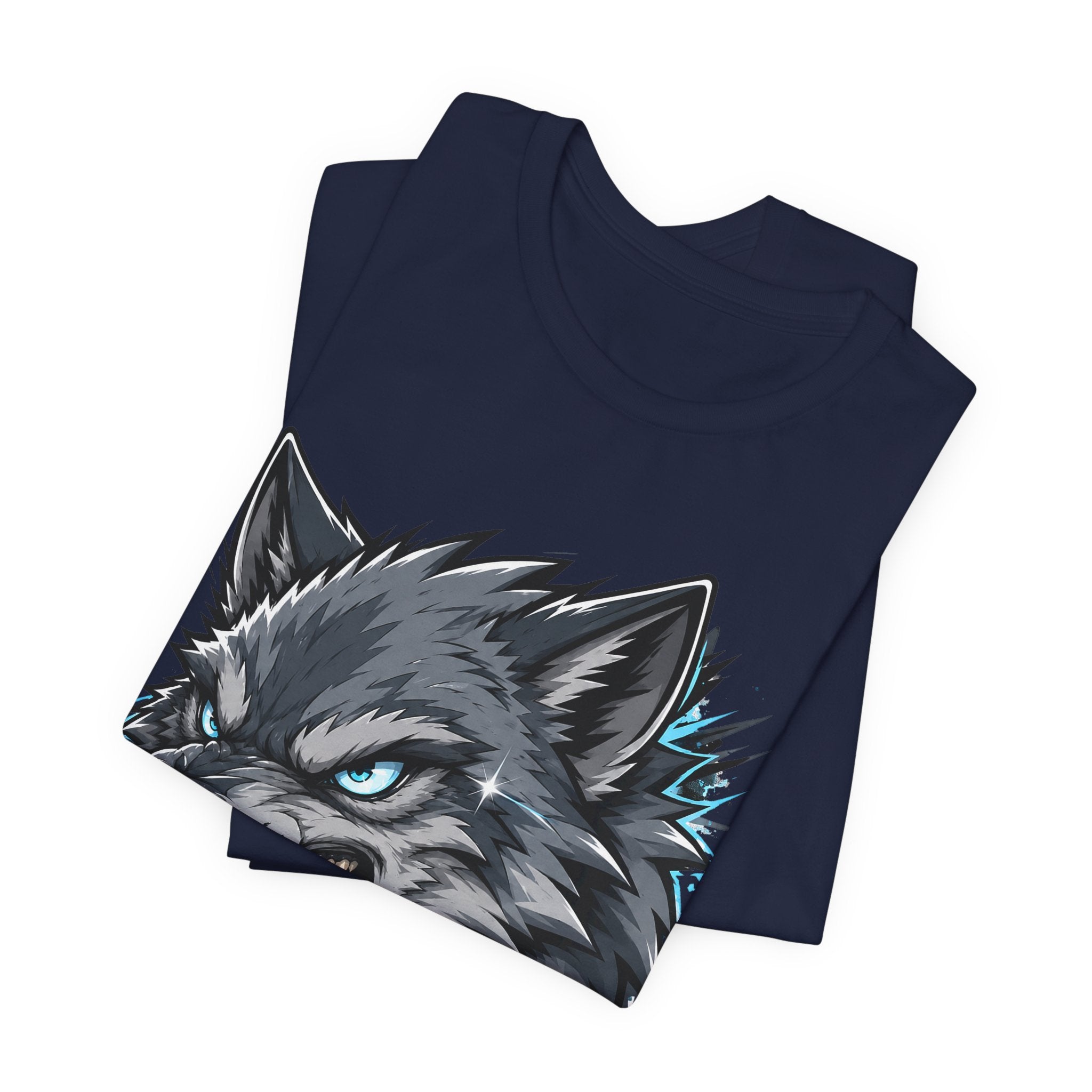 Unisex navy t-shirt with snarling wolf head graphic, blue eyes and dripping details