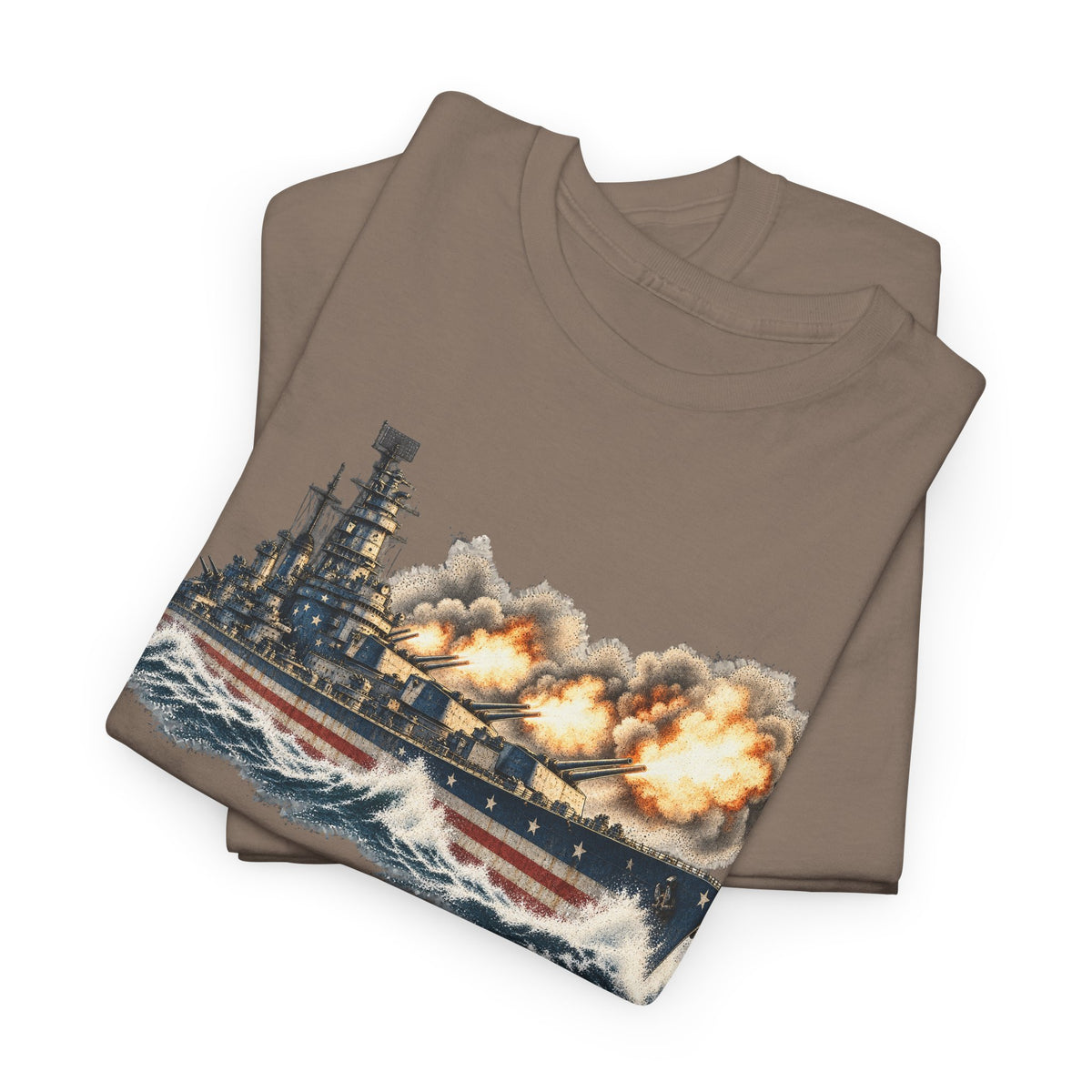 Brown crew-neck T-shirt with battleship graphic and ocean waves