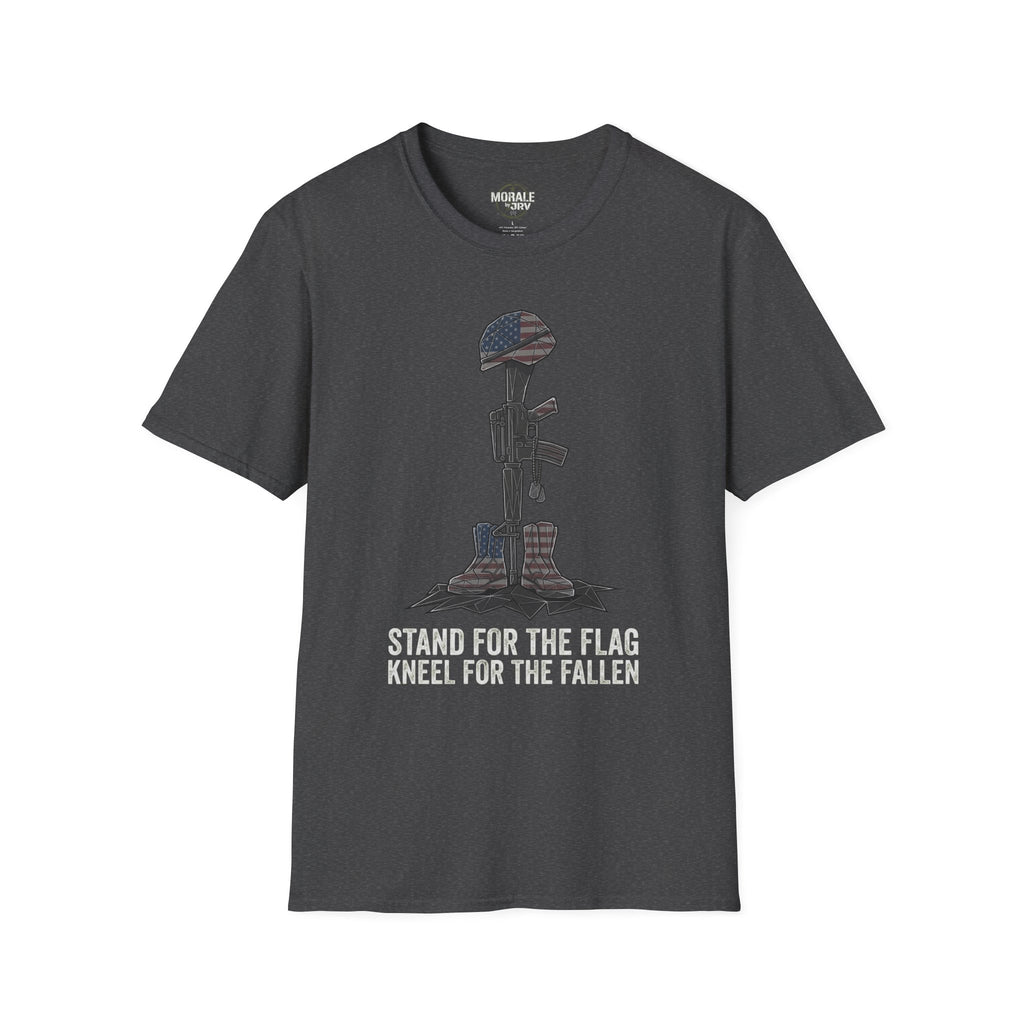 Dark Heather t-shirt with kneeling soldier flag graphic and text “STAND FOR THE FALLEN”