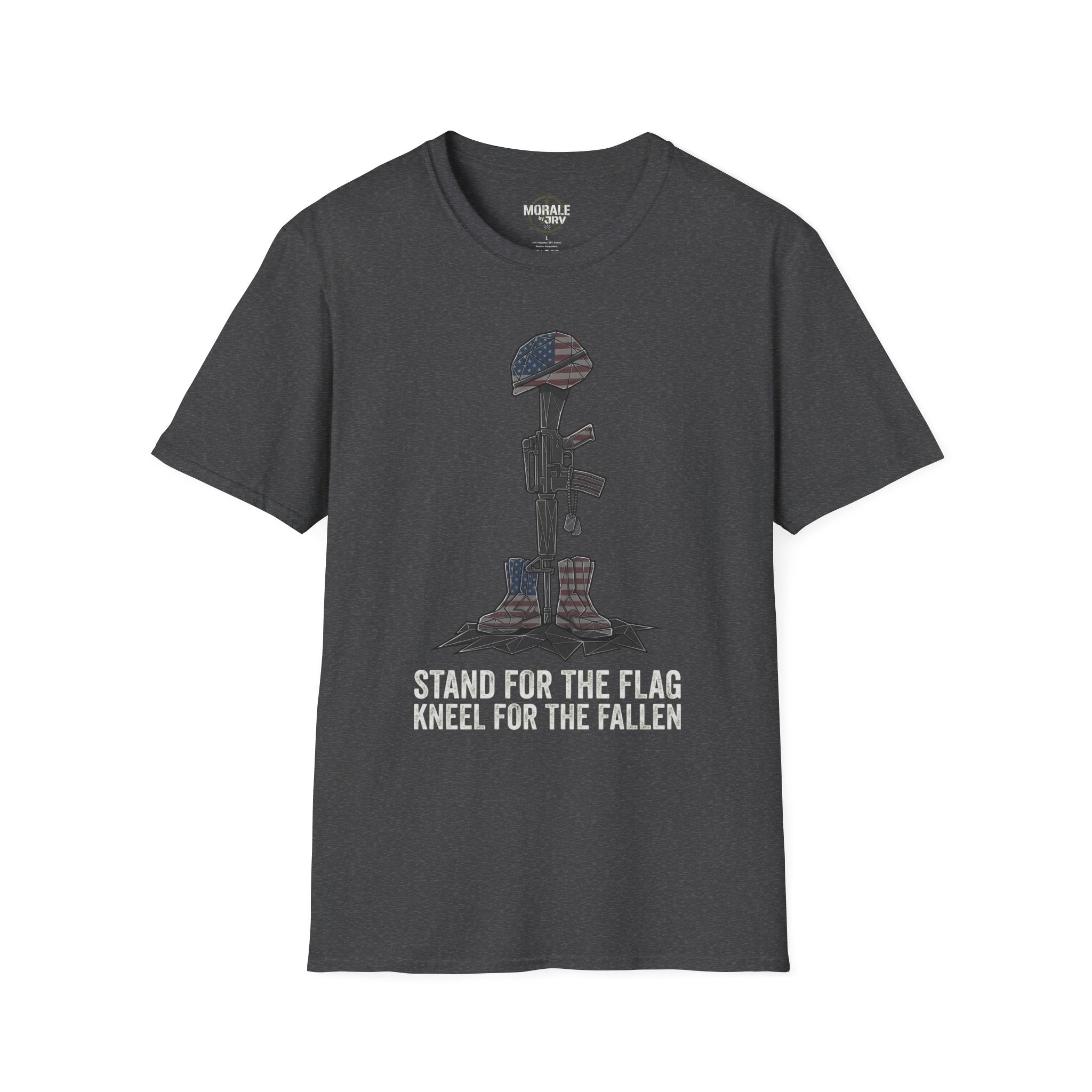 Dark Heather t-shirt with kneeling soldier flag graphic and text “STAND FOR THE FALLEN”