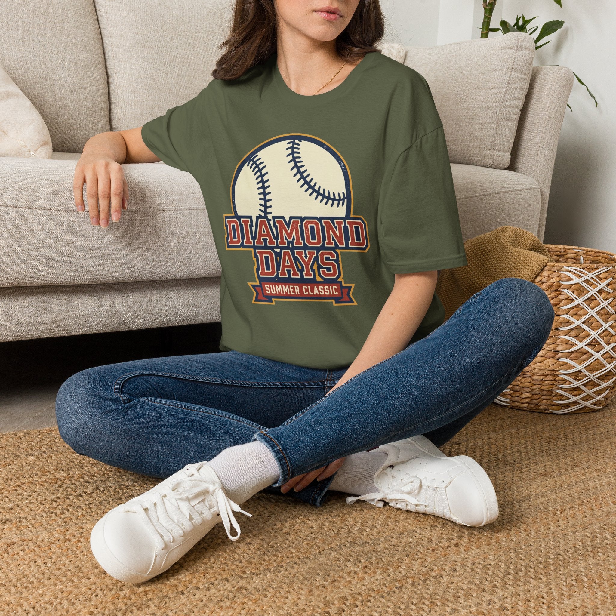 Vintage baseball T-shirt, military green, with Diamond Days baseball graphic front