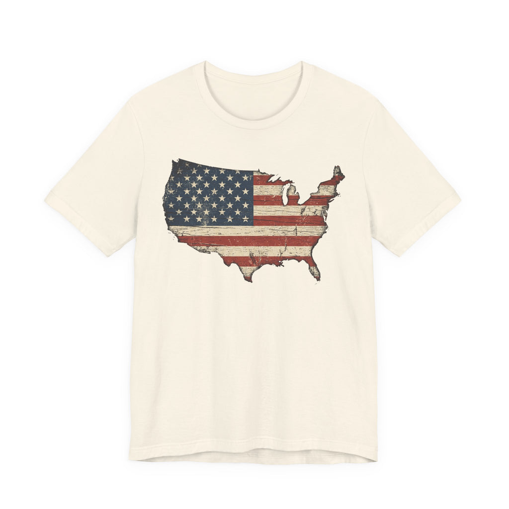 Cream crewneck T-shirt with distressed American flag map graphic