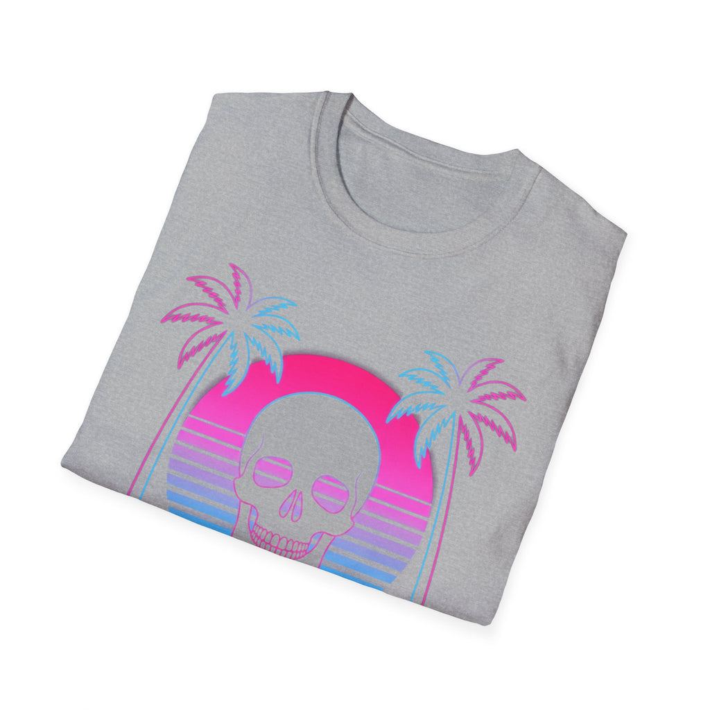 Vaporwave Skull Sunset T-shirt, Sport Grey—skull graphic with palms and neon sunset