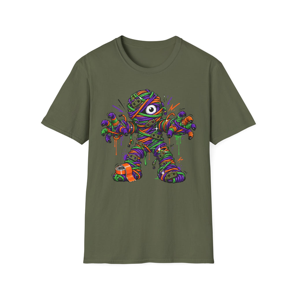 Military green wrapped monster graphic t-shirt with colorful mummy front print