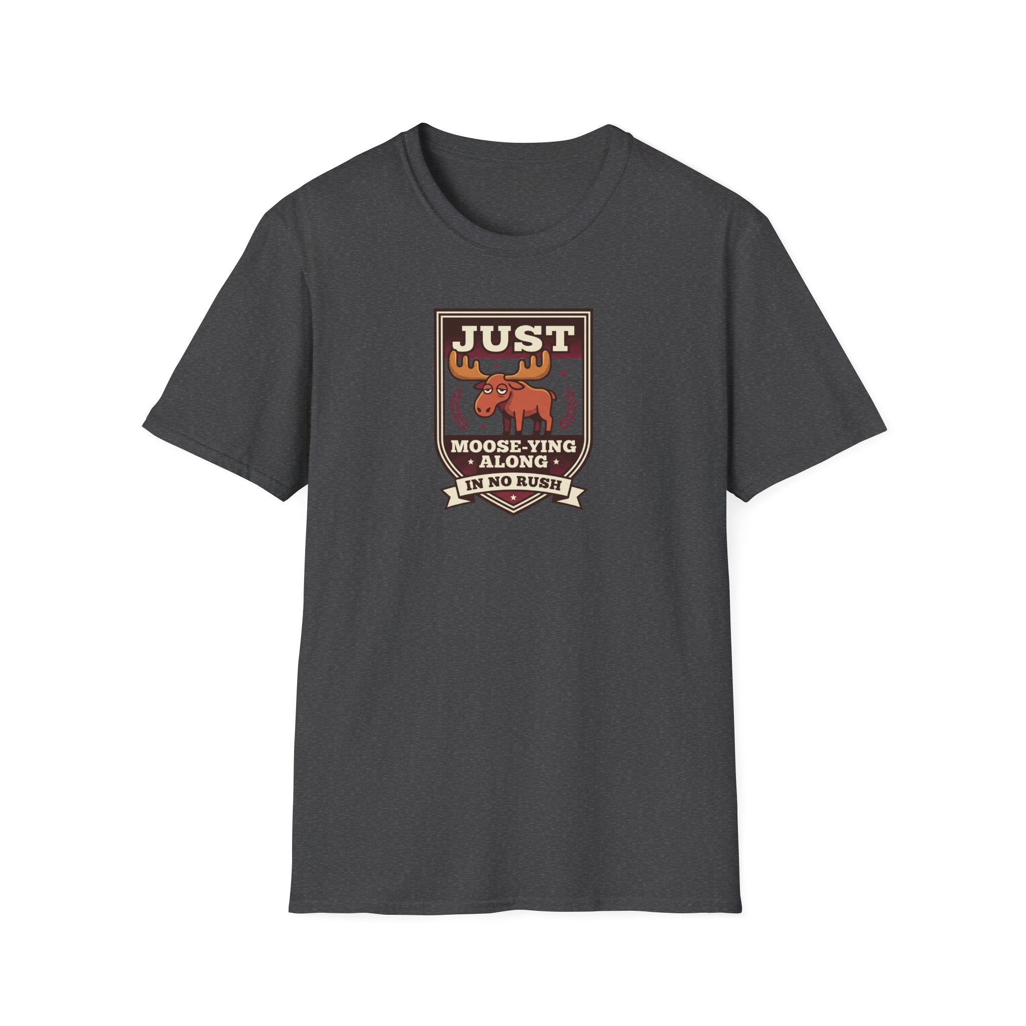 Dark gray crewneck T-shirt with centered moose graphic badge on front.