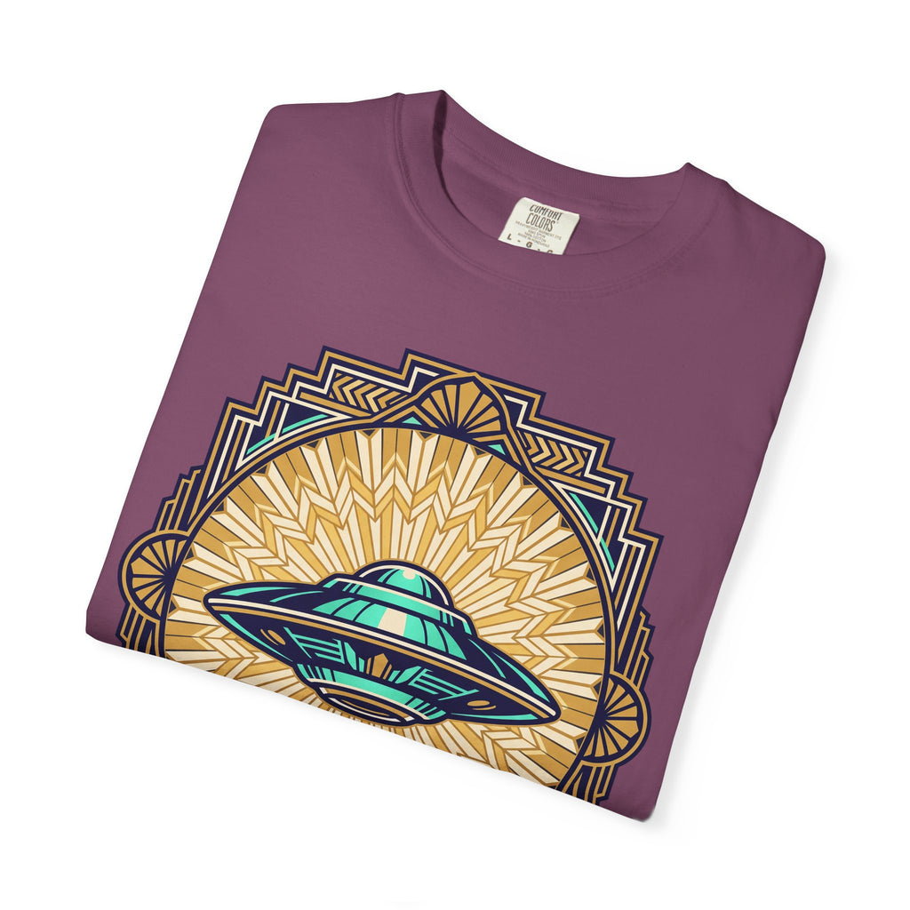 Plum UFO graphic T-shirt close-up with teal saucer over sunburst