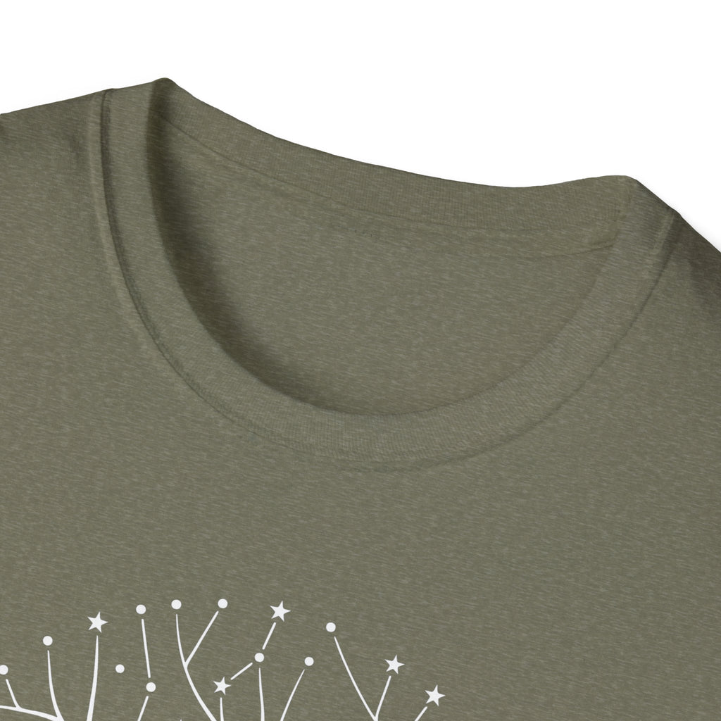Olive green T-shirt neckline close-up with soft heather texture