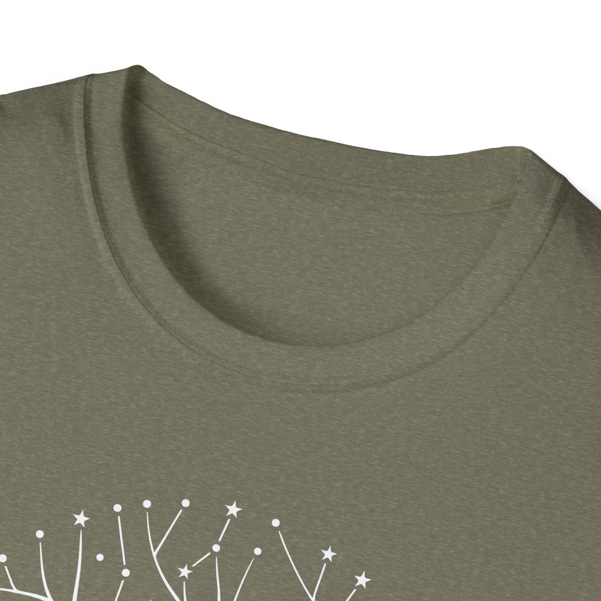 Olive green T-shirt neckline close-up with soft heather texture