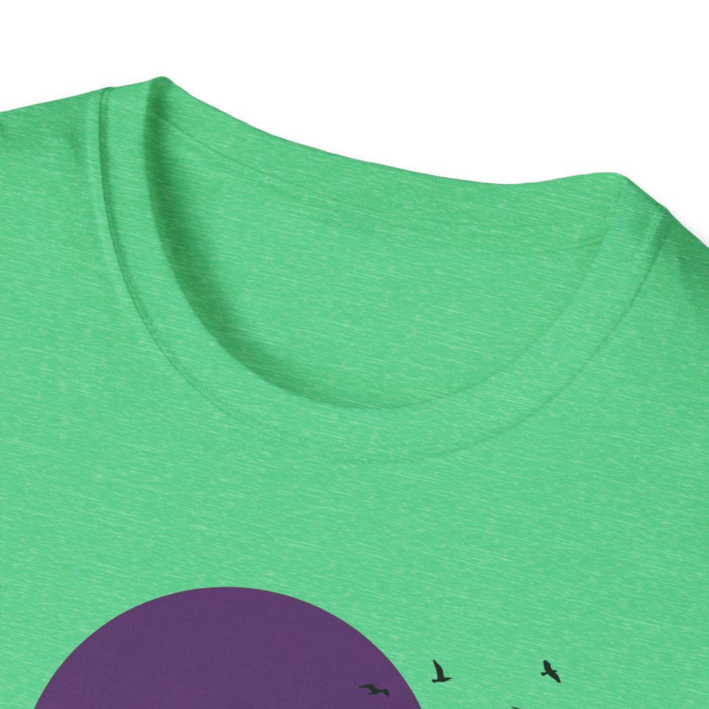 Green T-shirt neckline with purple moon and small bird silhouettes
