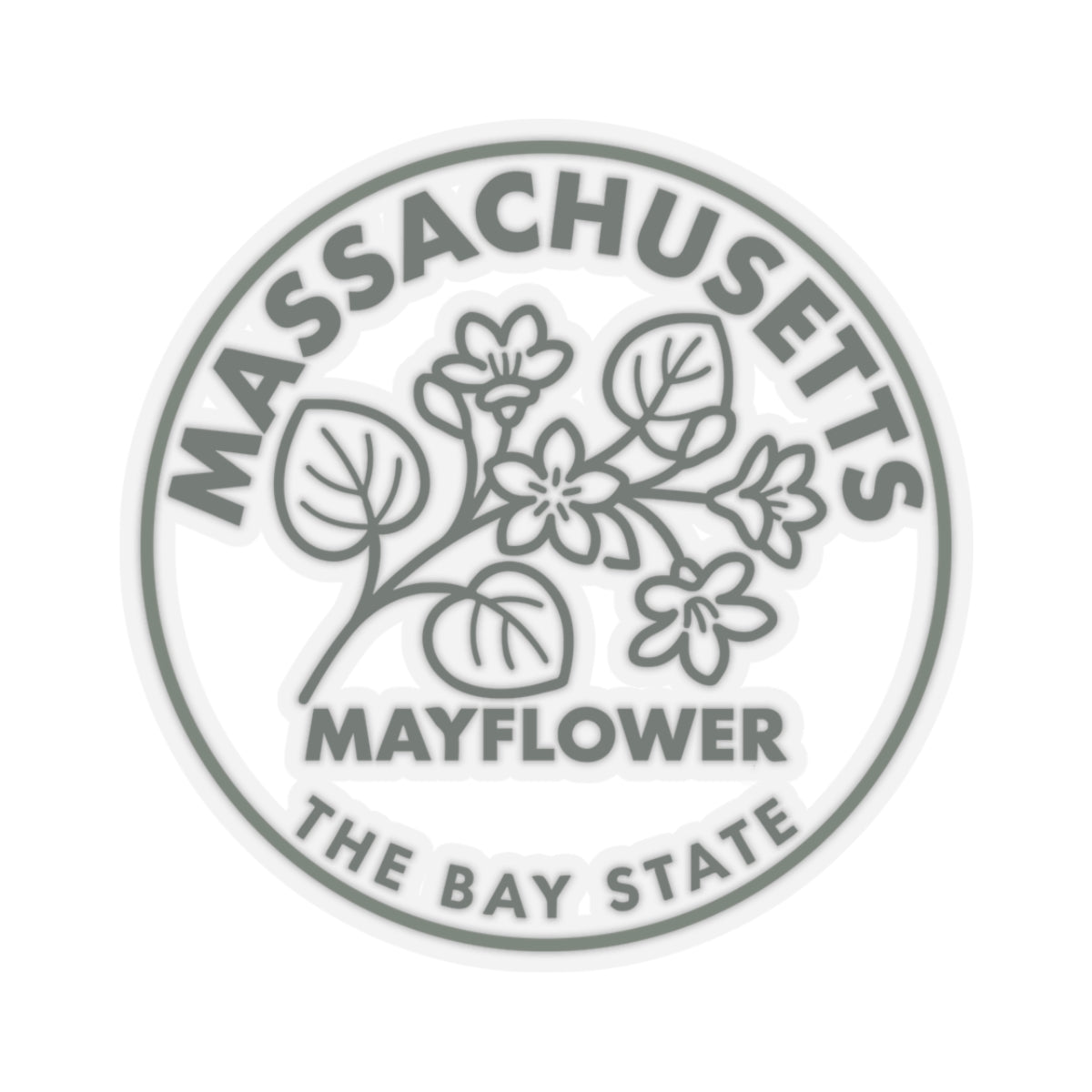 Circular Massachusetts Mayflower state flower sticker with botanical vine and leaf outline ring