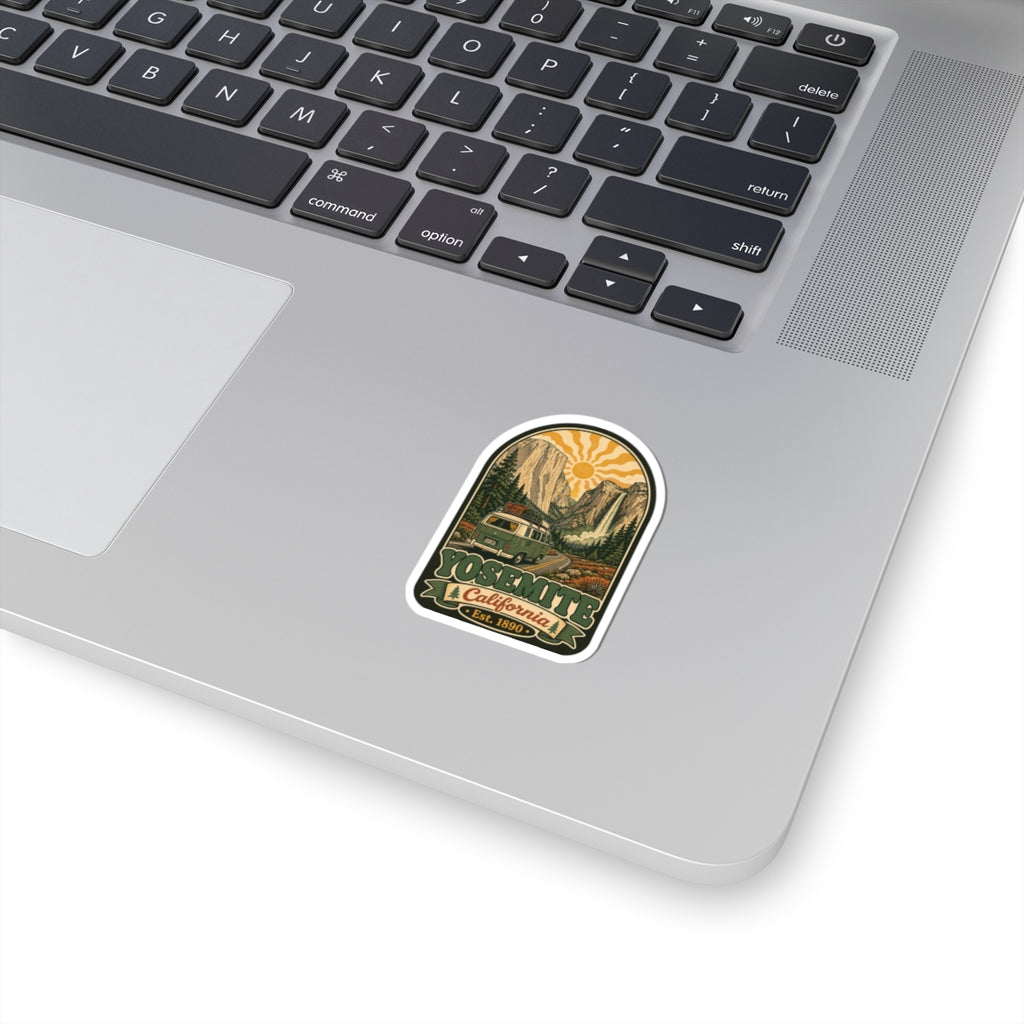 Yosemite National Park vintage camper sticker with mountains, trees, and circular badge design