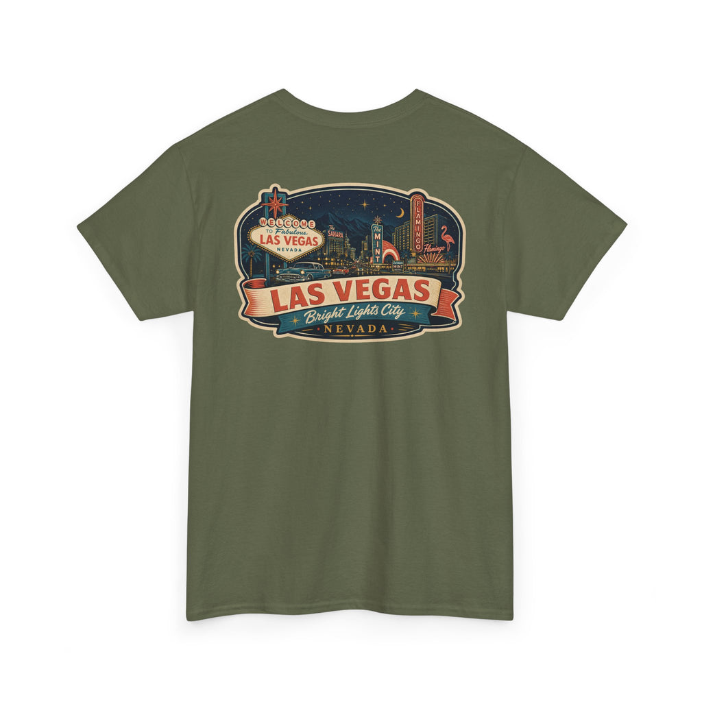 Military green T-shirt with Las Vegas luggage tag graphic on chest