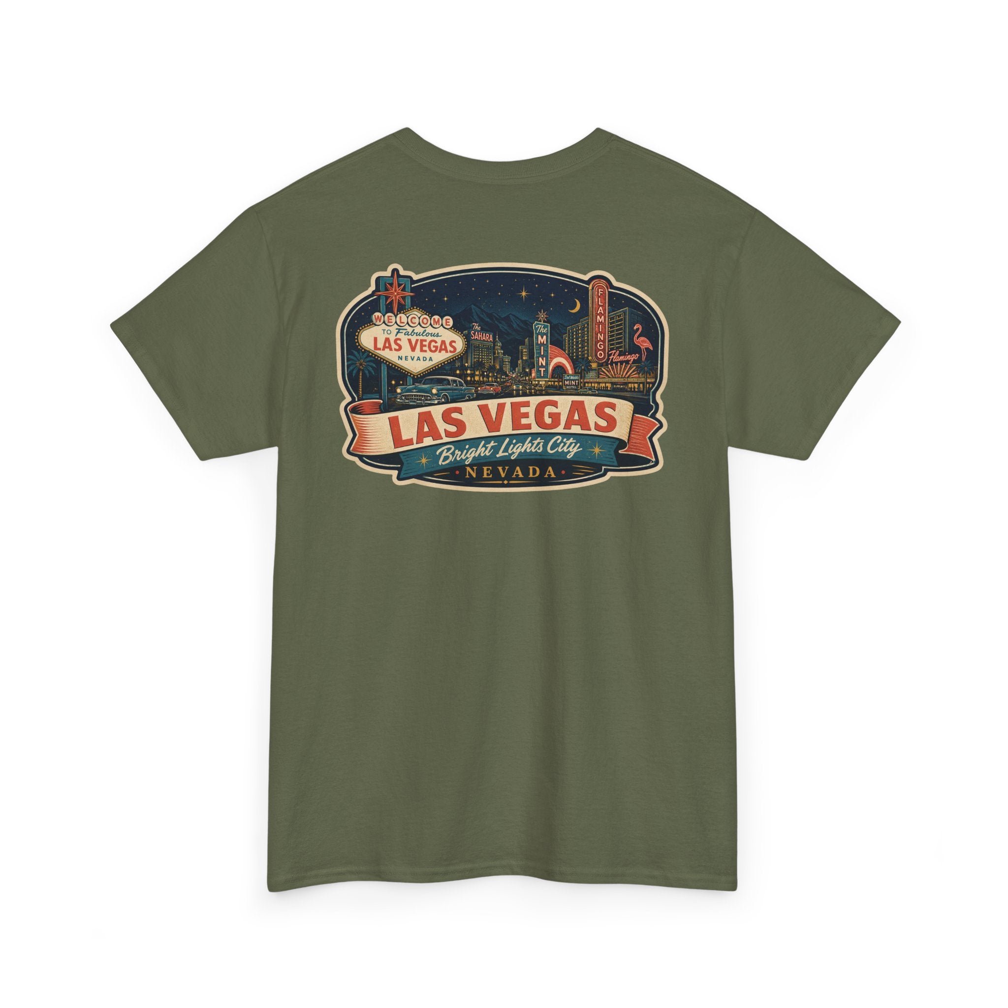 Military green T-shirt with Las Vegas luggage tag graphic on chest