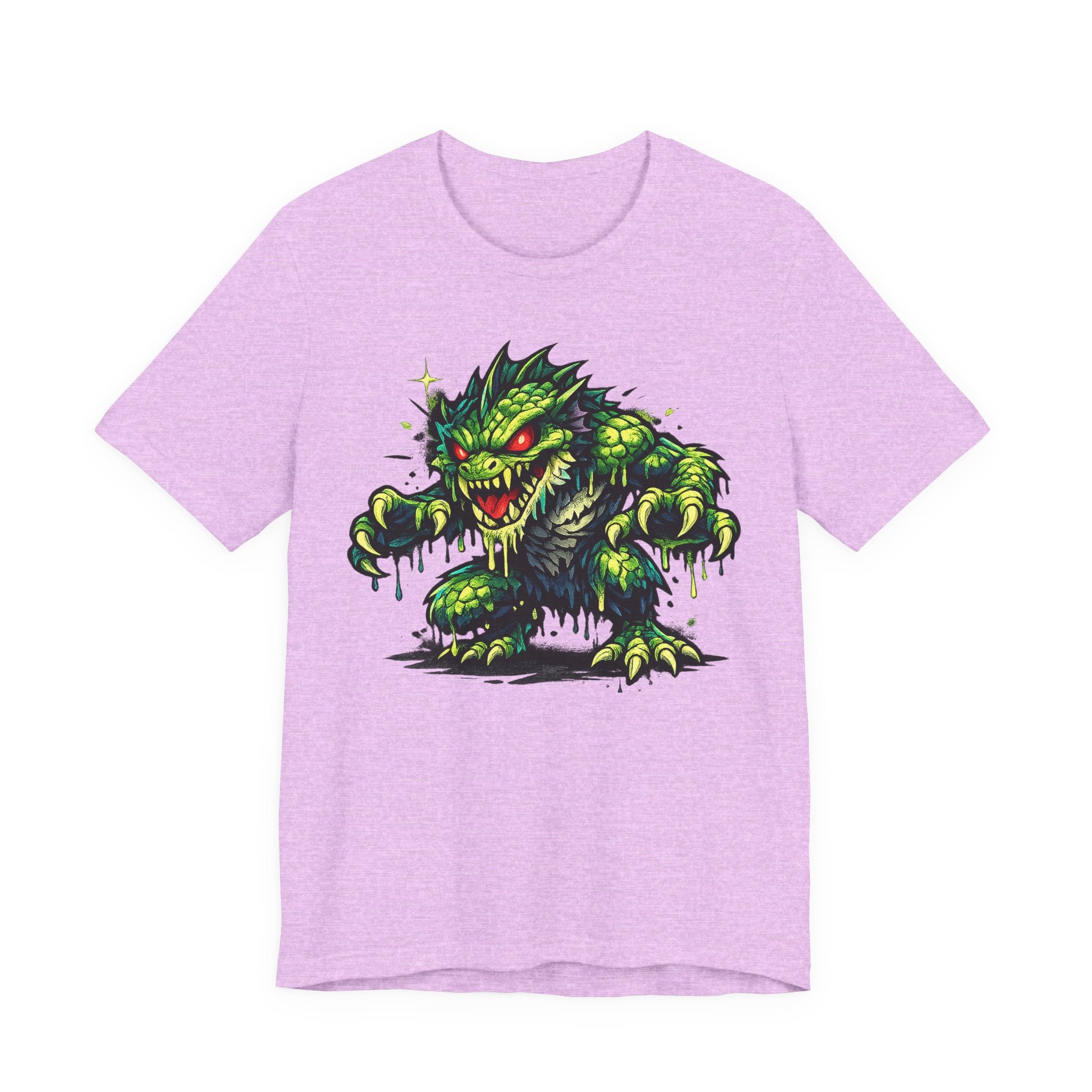 Heather lavender T-shirt with green swamp monster illustration front graphic.