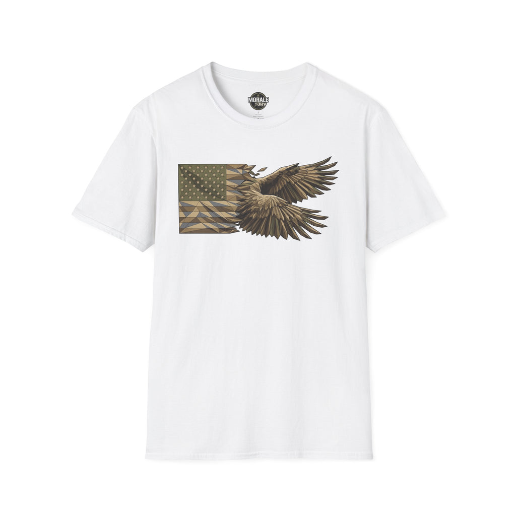 Patriotic camouflage T-shirt in white with soaring bald eagle and American flag graphic