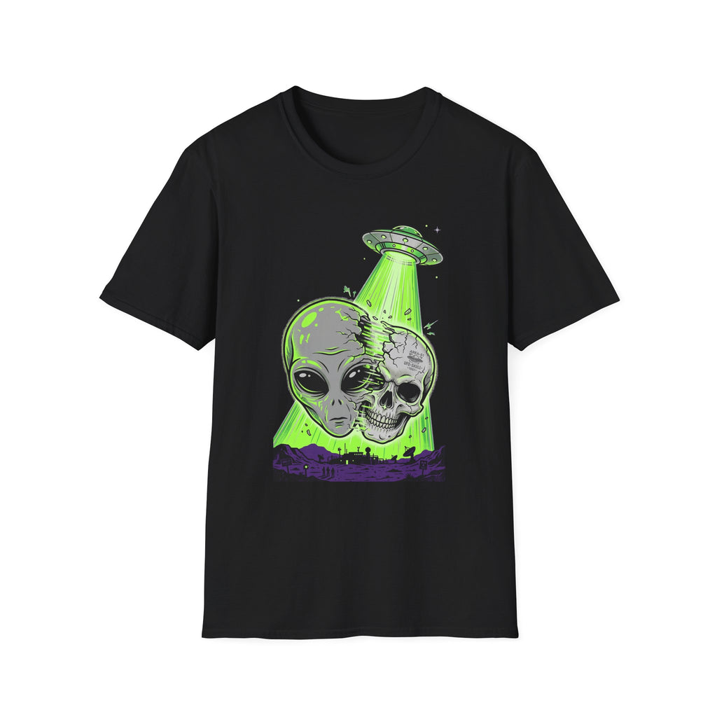 Alien & Skull T-Shirt, UFO tractor beam skull graphic on black tee