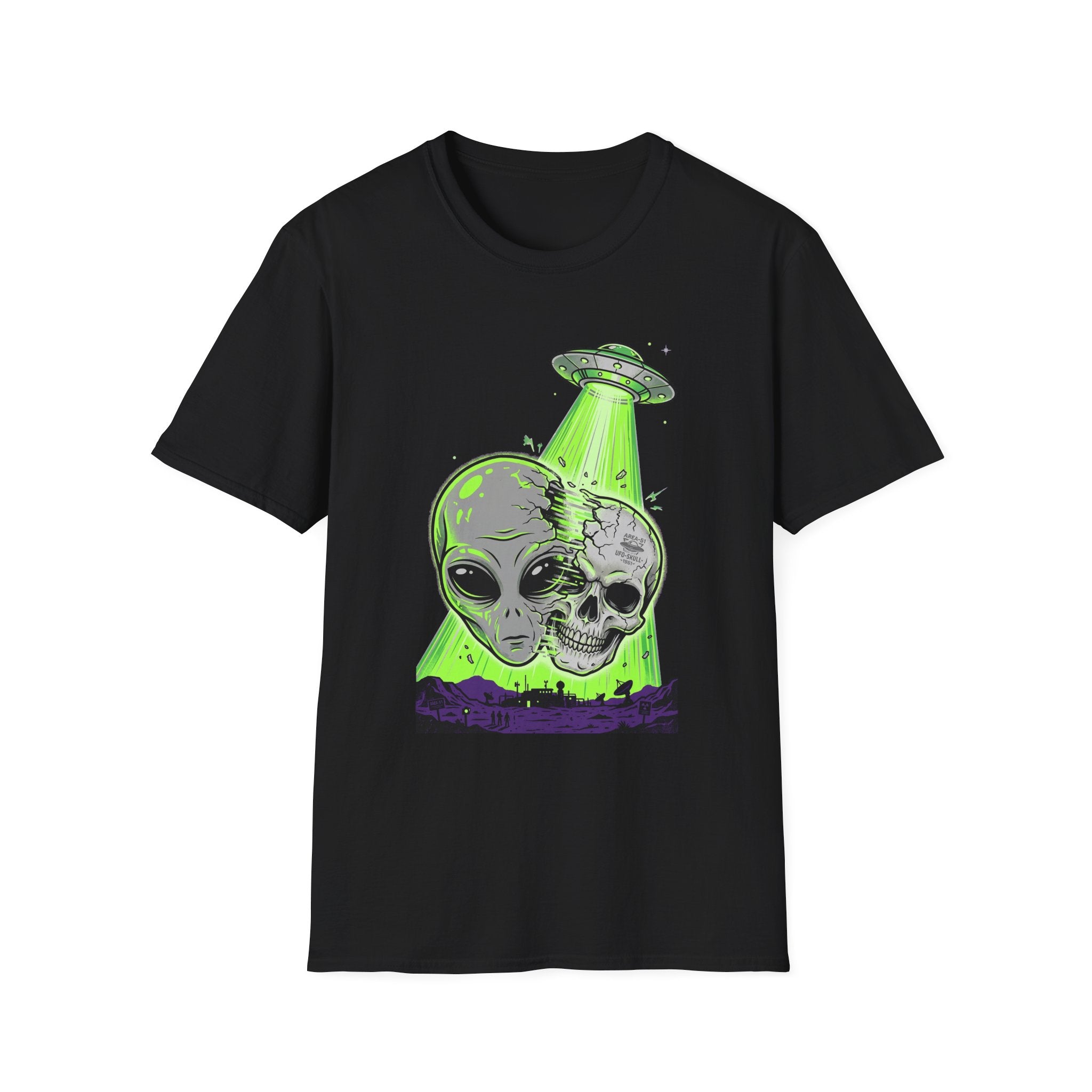 Alien & Skull T-Shirt, UFO tractor beam skull graphic on black tee