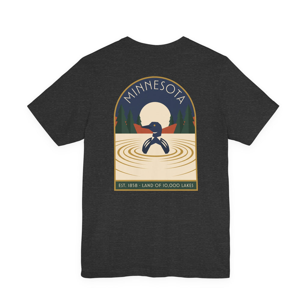 Black art deco T-shirt with Minnesota loon lake graphic emblem on front