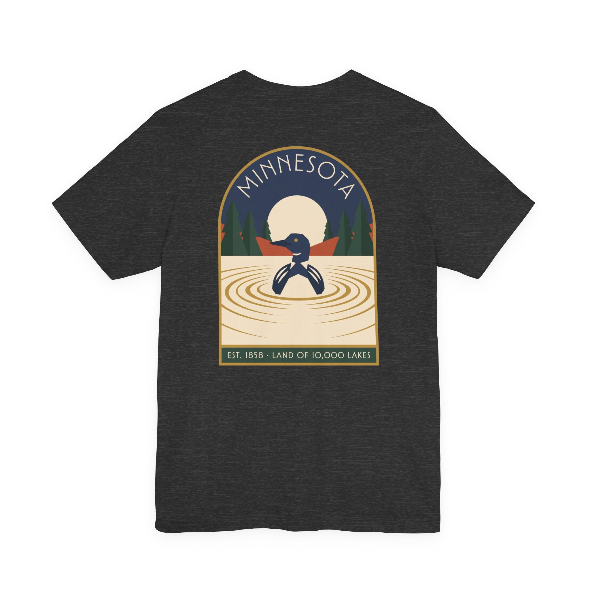 Black art deco T-shirt with Minnesota loon lake graphic emblem on front