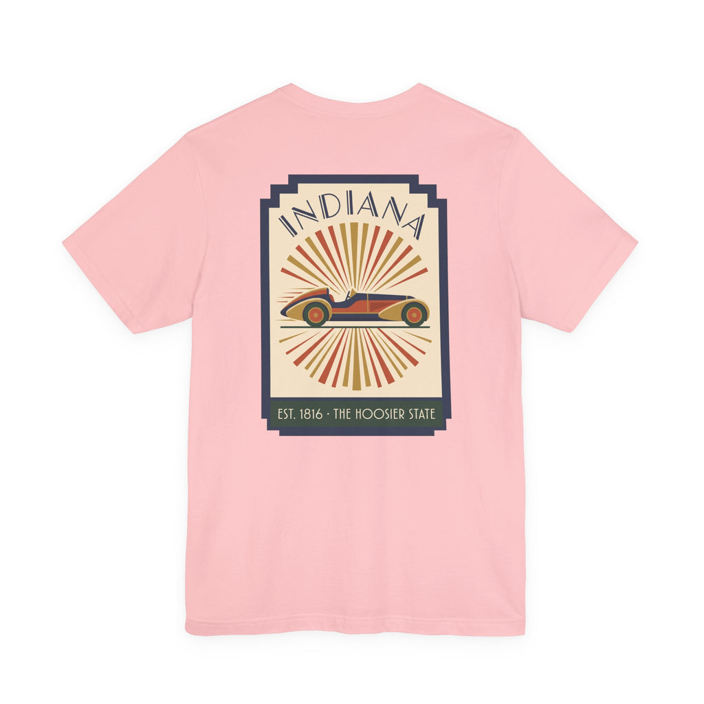 Light pink graphic T-shirt with vintage Indiana racecar emblem on front