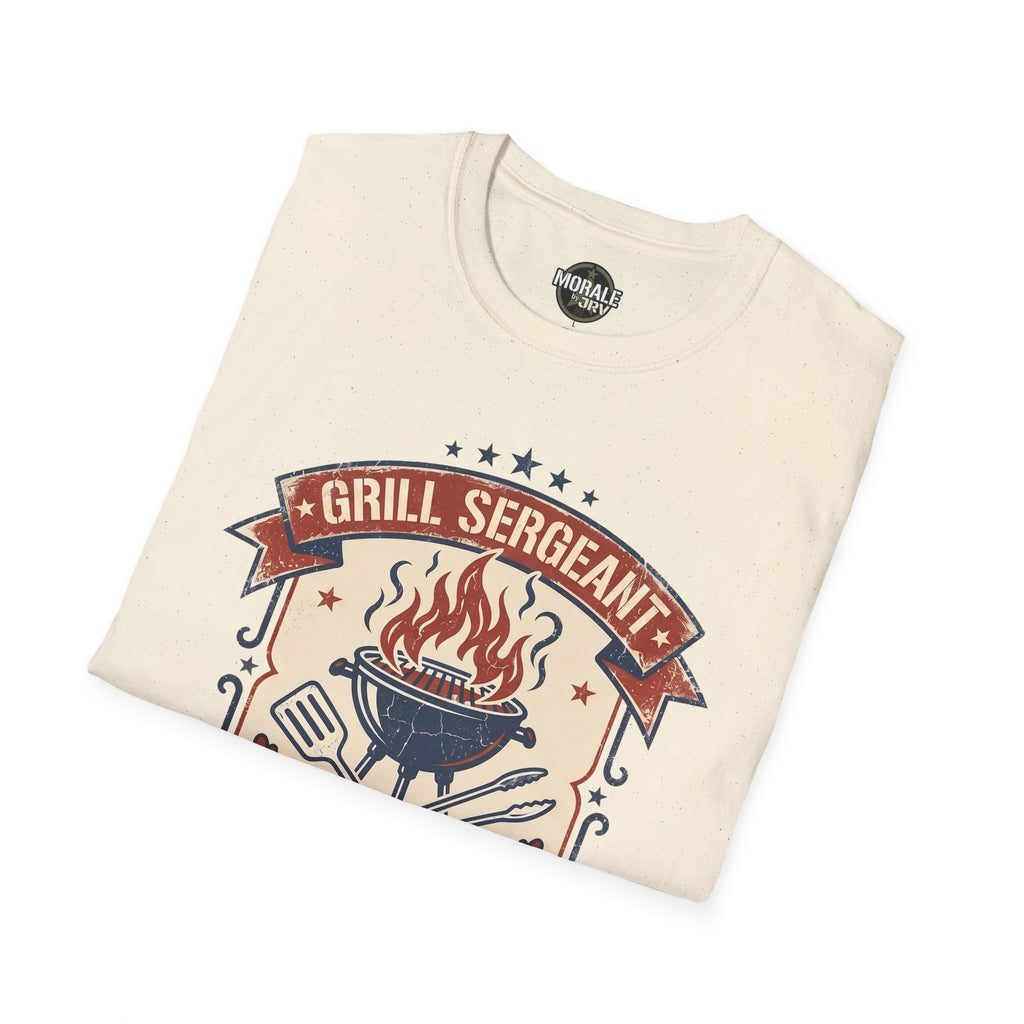 Natural (cream) T-shirt with 'Grill Sergeant' vintage BBQ grill graphic and flames