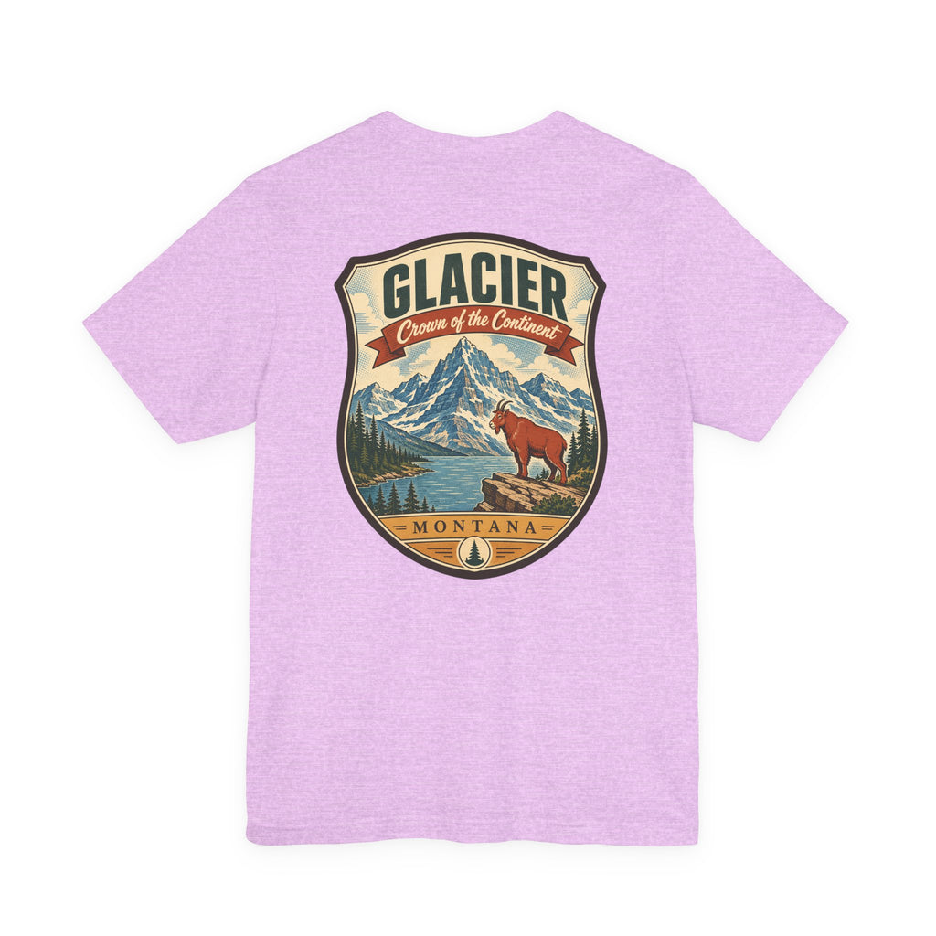Lavender crewneck t-shirt with Glacier Montana badge graphic featuring mountains and bear.