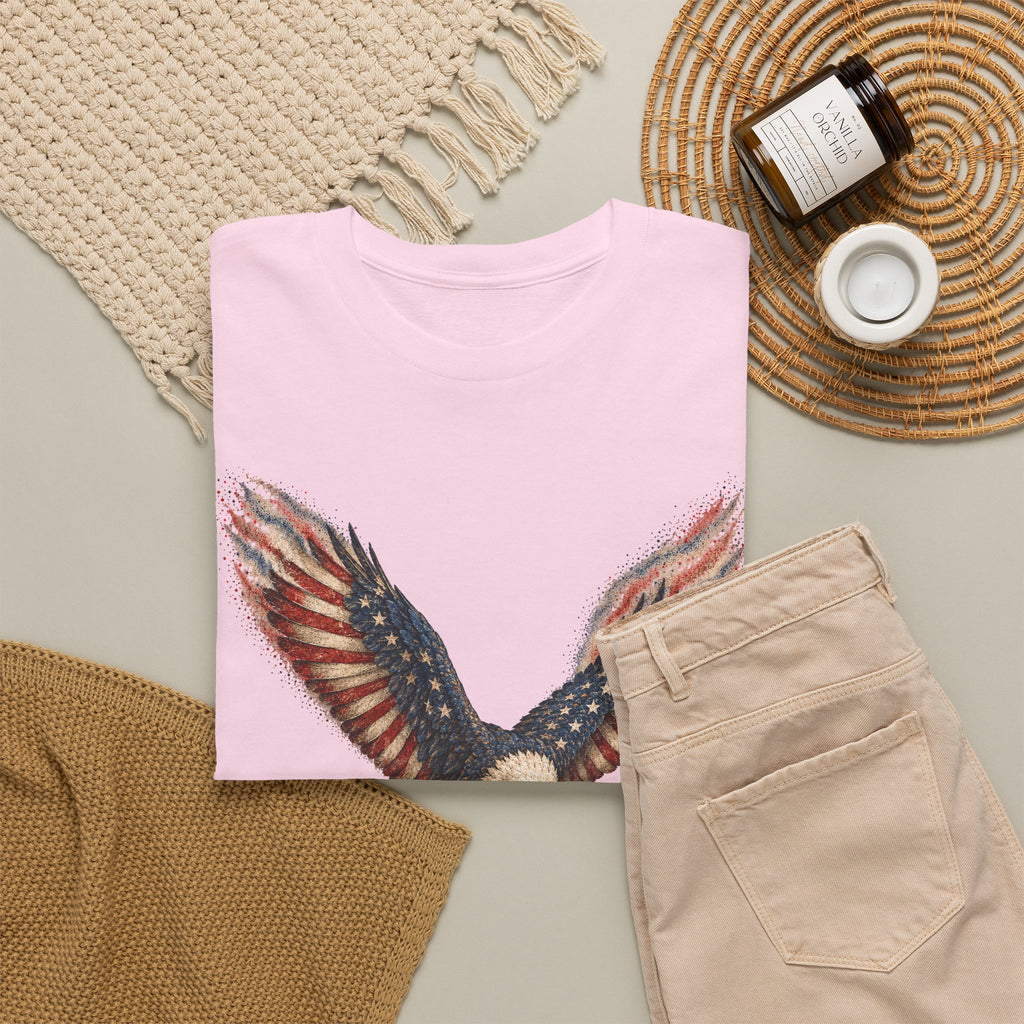Light pink crew-neck graphic T-shirt with eagle wing American flag design