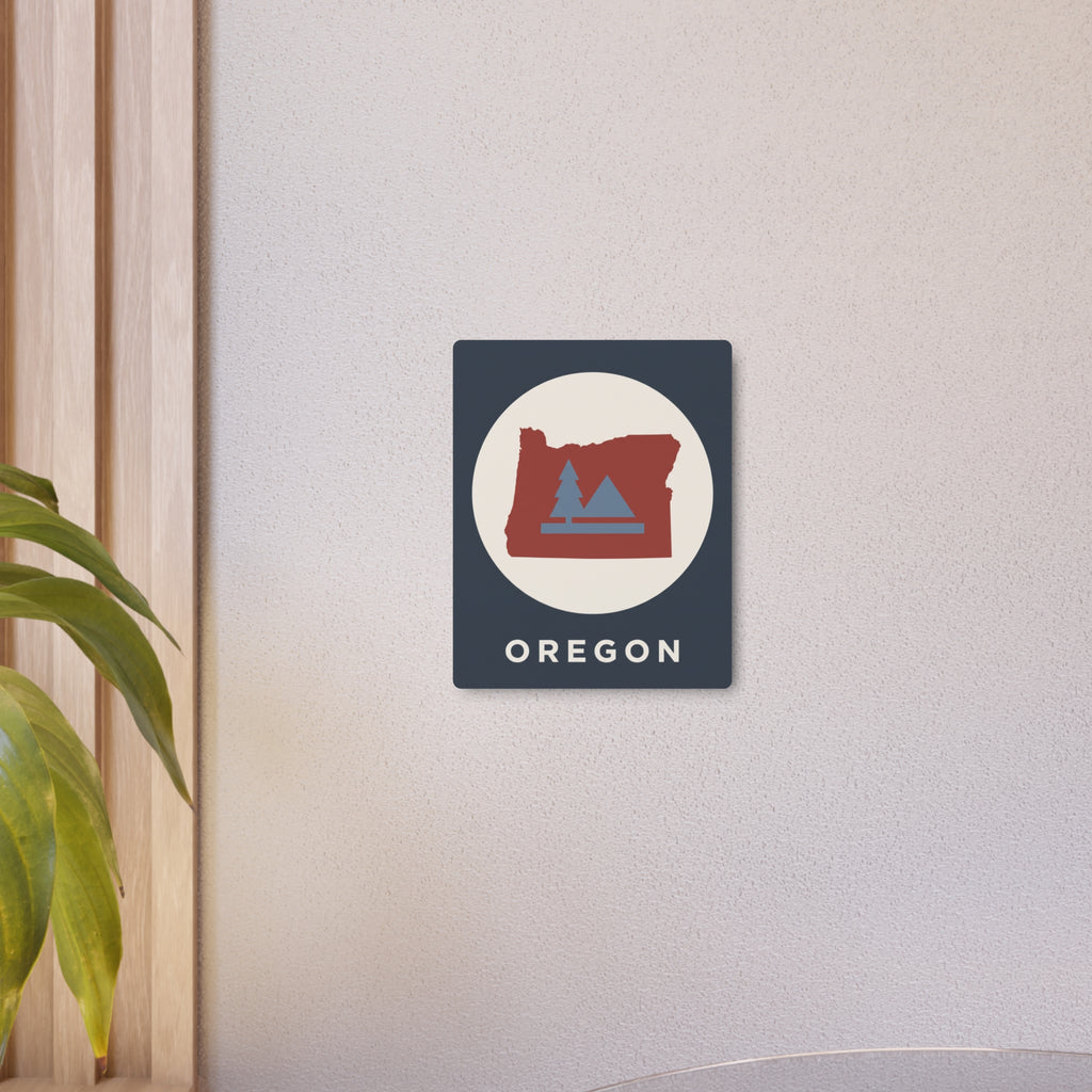Oregon metal wall sign with red state and pine trees inside a circle