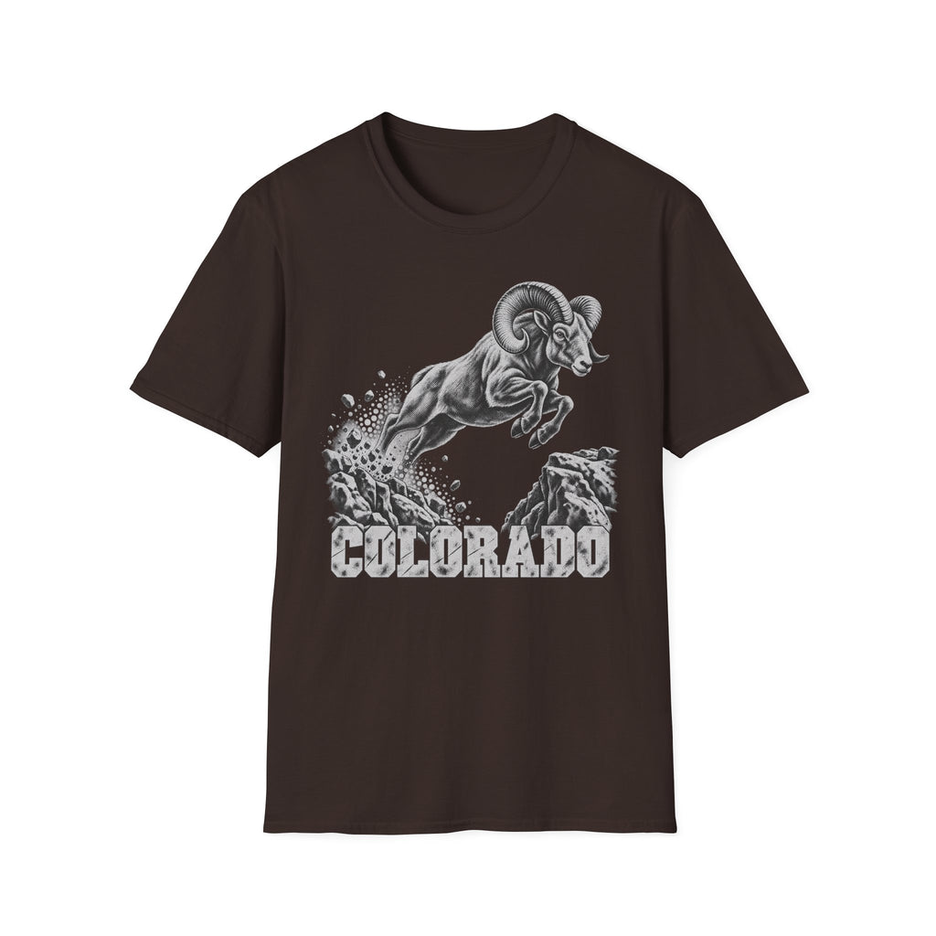 Dark brown t-shirt with bighorn sheep and Colorado wildlife graphic on front