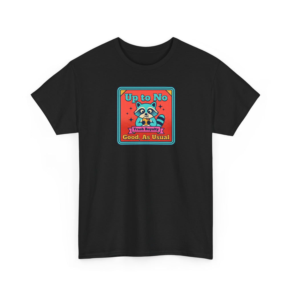 Black T-shirt with colorful raccoon graphic and text in a square badge