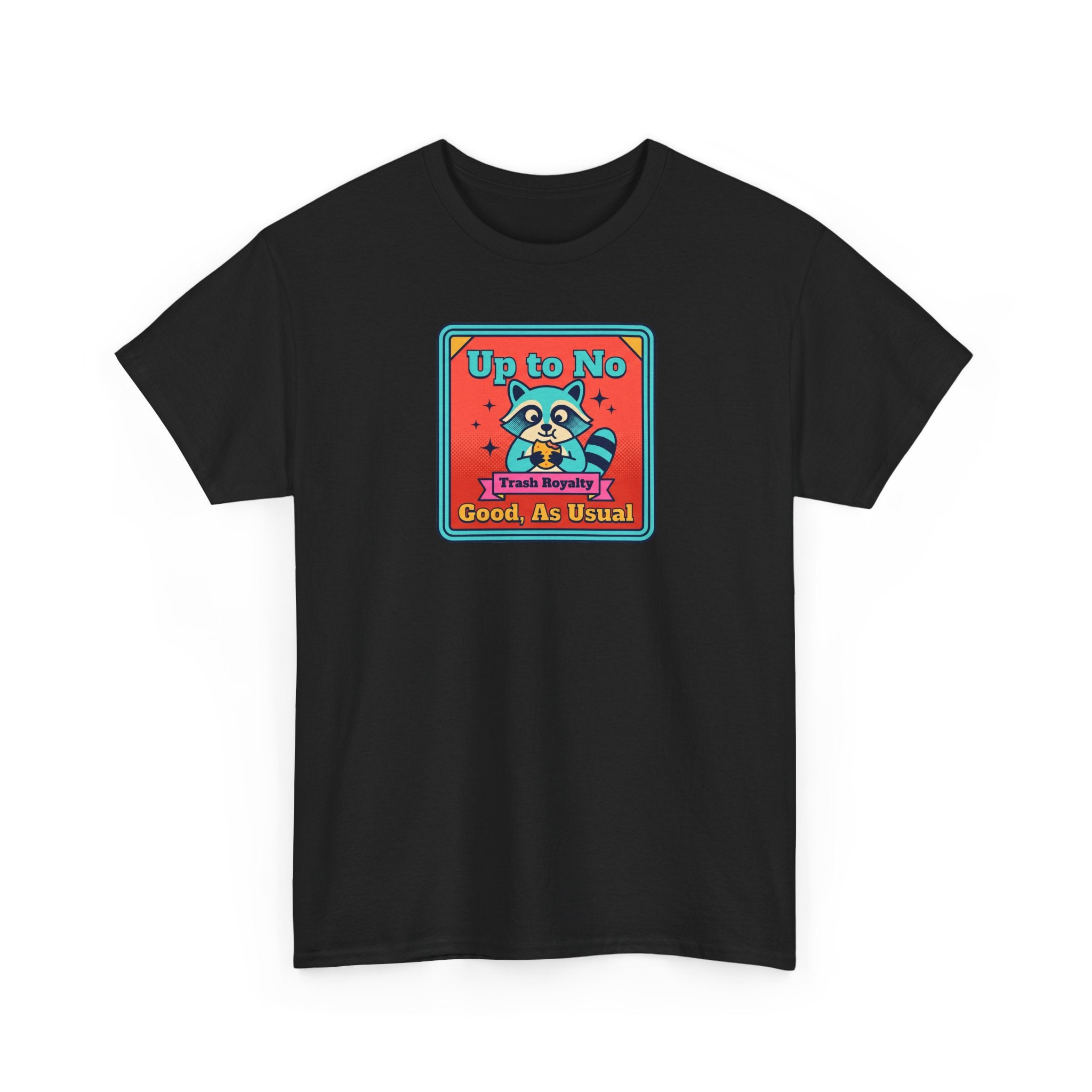 Black T-shirt with colorful raccoon graphic and text in a square badge