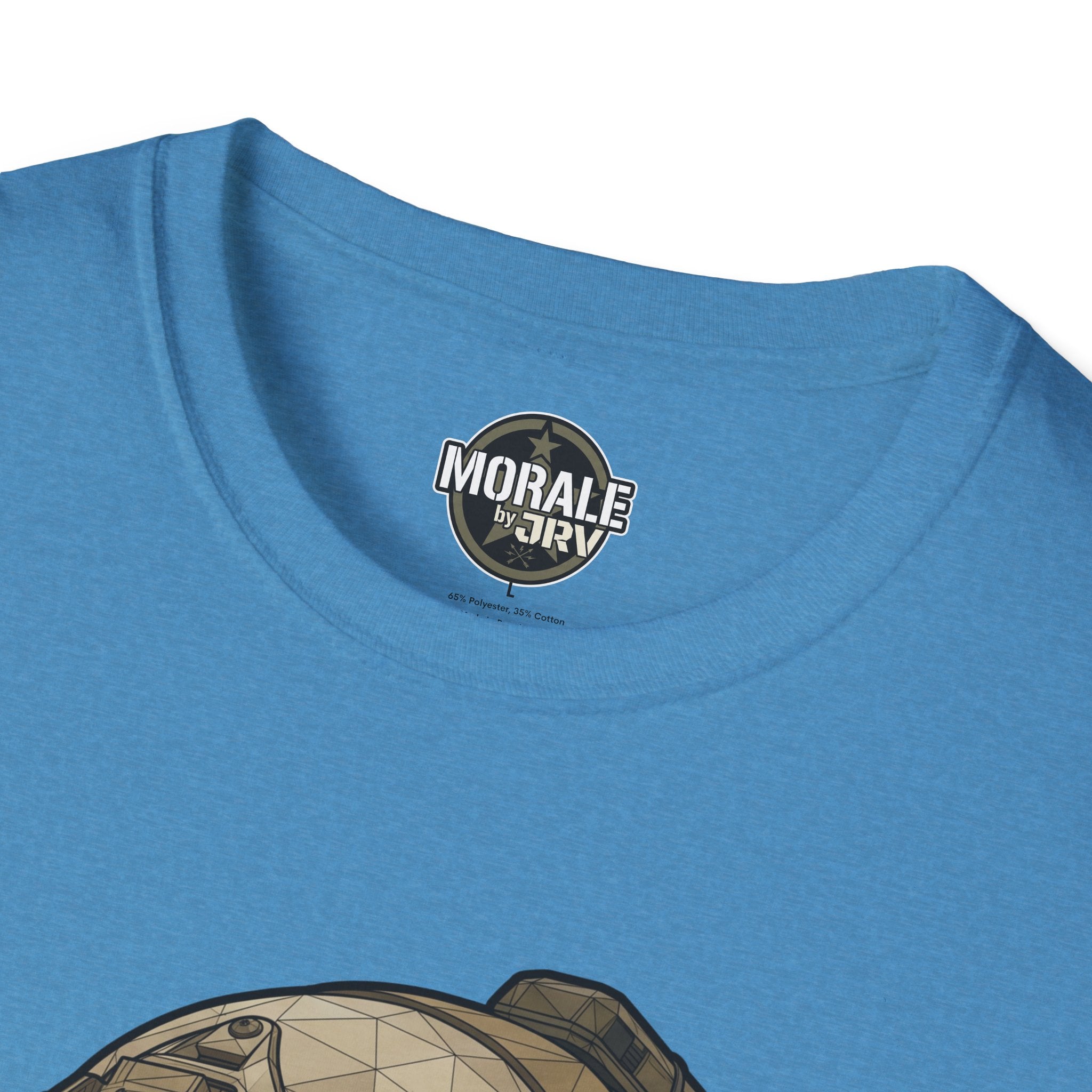 Freedom Costs T-shirt, teal close-up back with Morale by DRI insignia