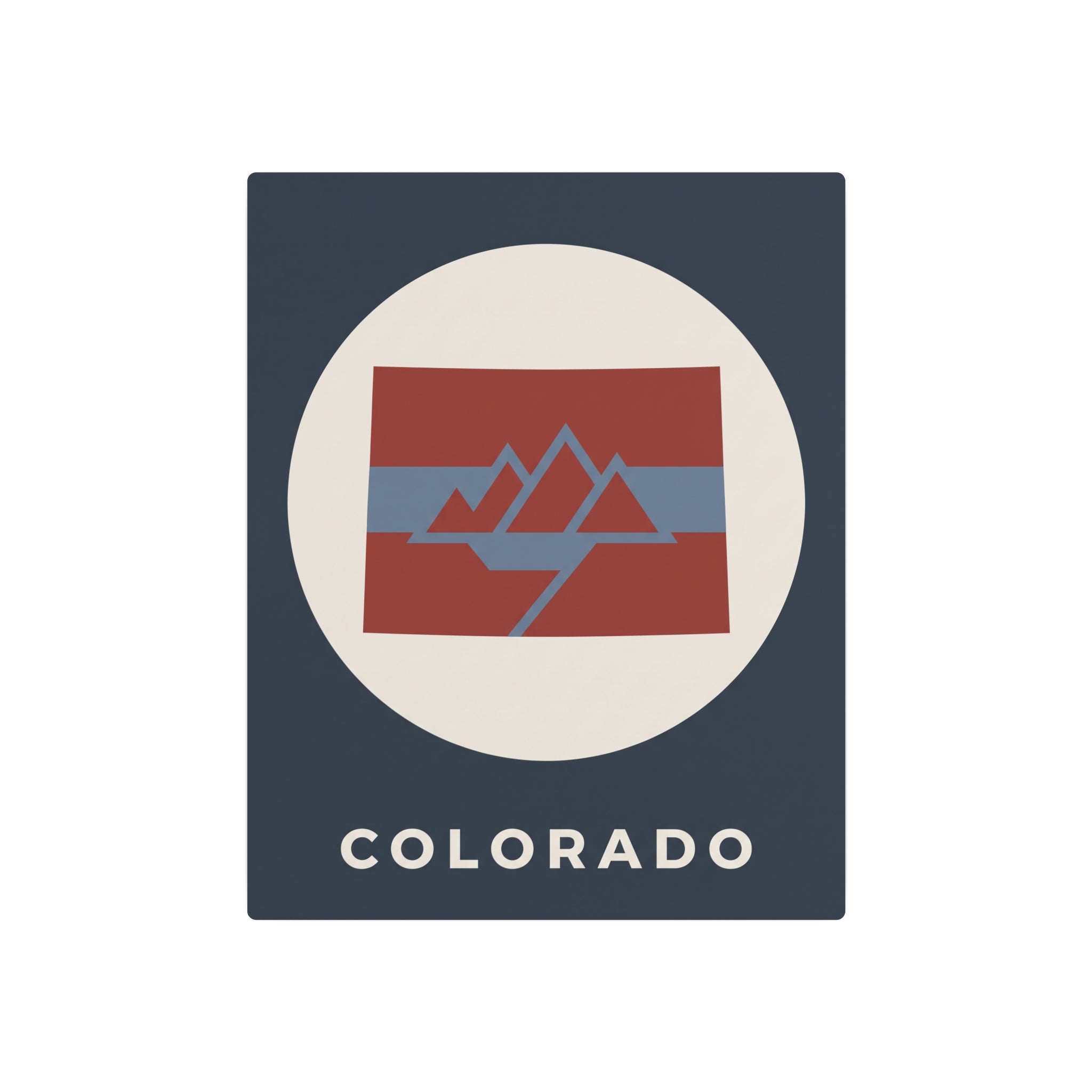 Colorado metal art sign, dark blue panel with mountain flag graphic inside cream circle