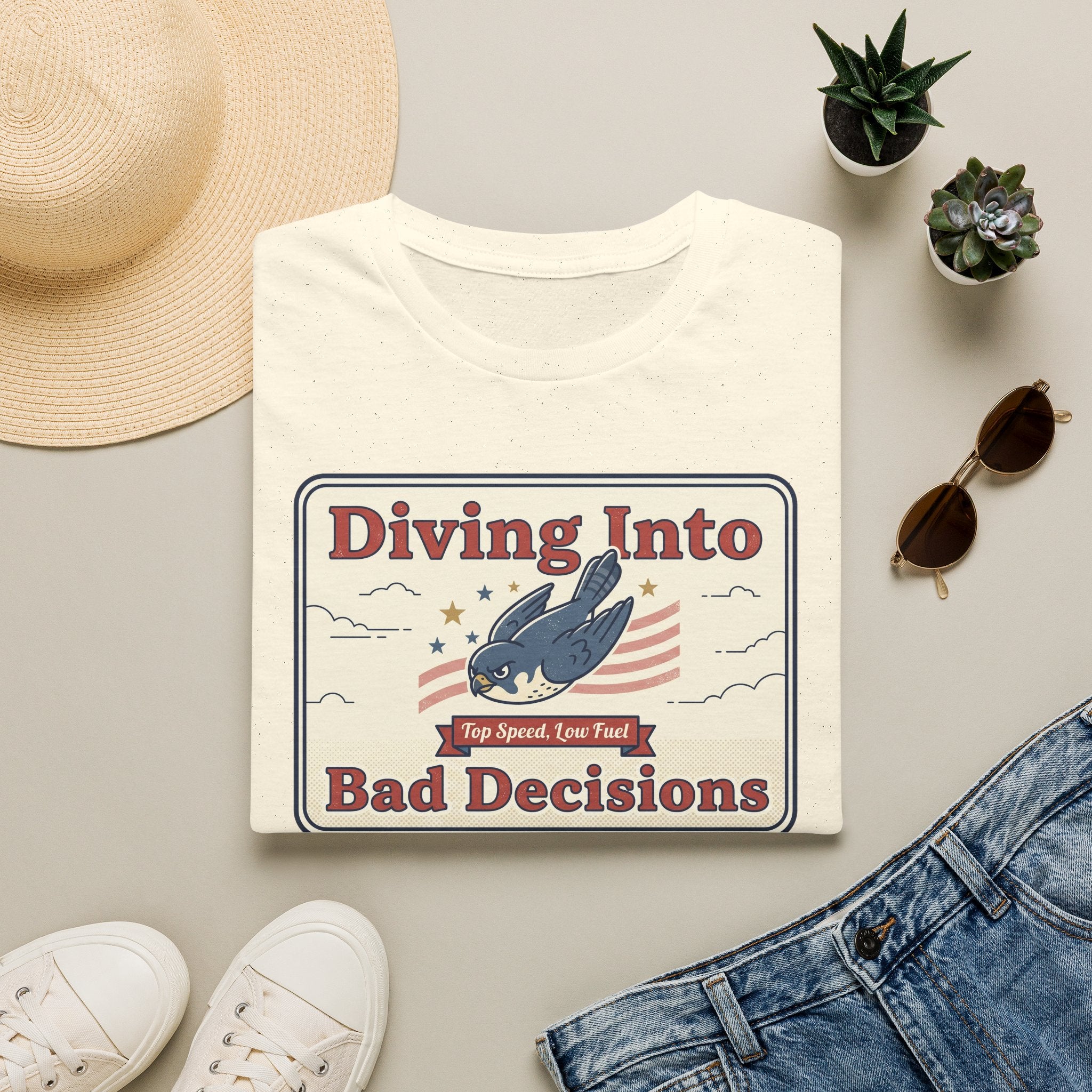 White graphic T-shirt with retro shark and “Diving Into Bad Decisions” text