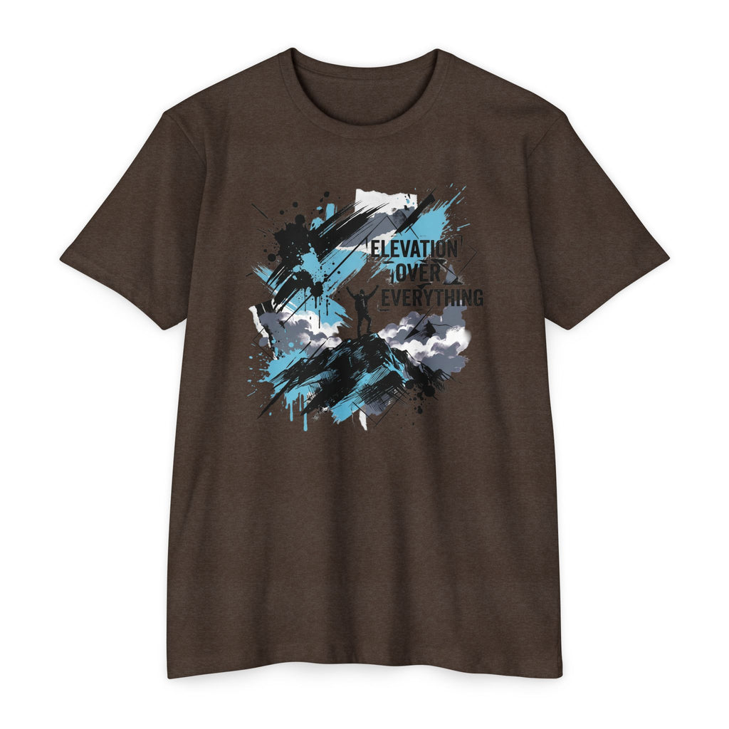 Brown crewneck T-shirt with blue and white mountain graphic