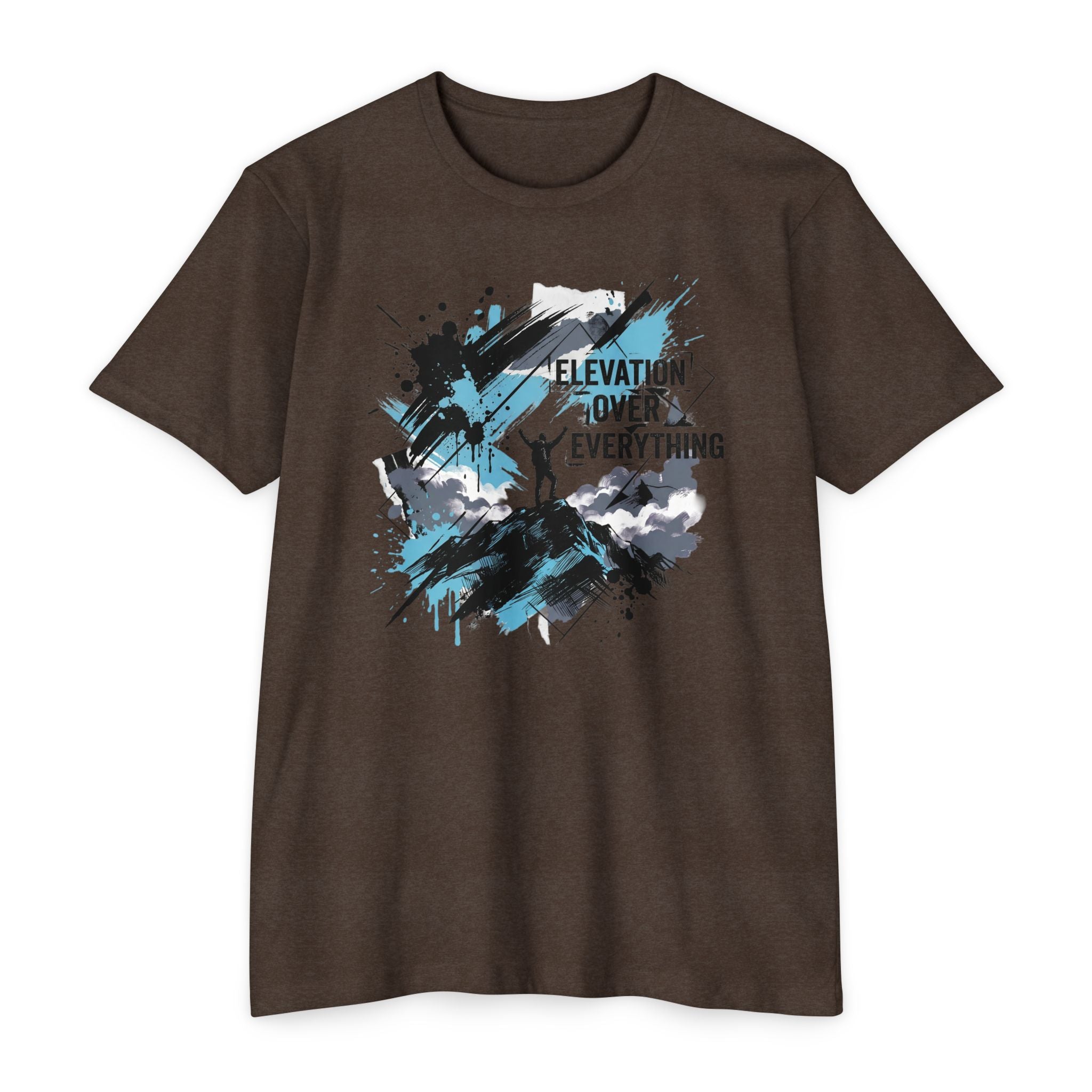 Brown crewneck T-shirt with blue and white mountain graphic