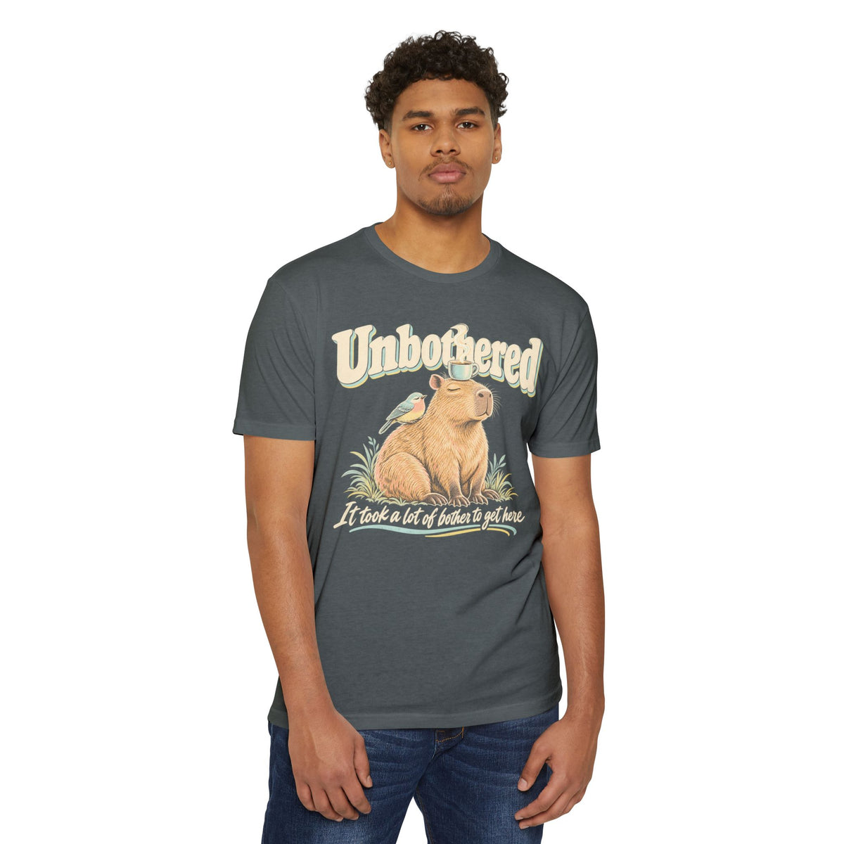 Dark gray Unbothered graphic T-shirt with capybara and coffee-themed lettering