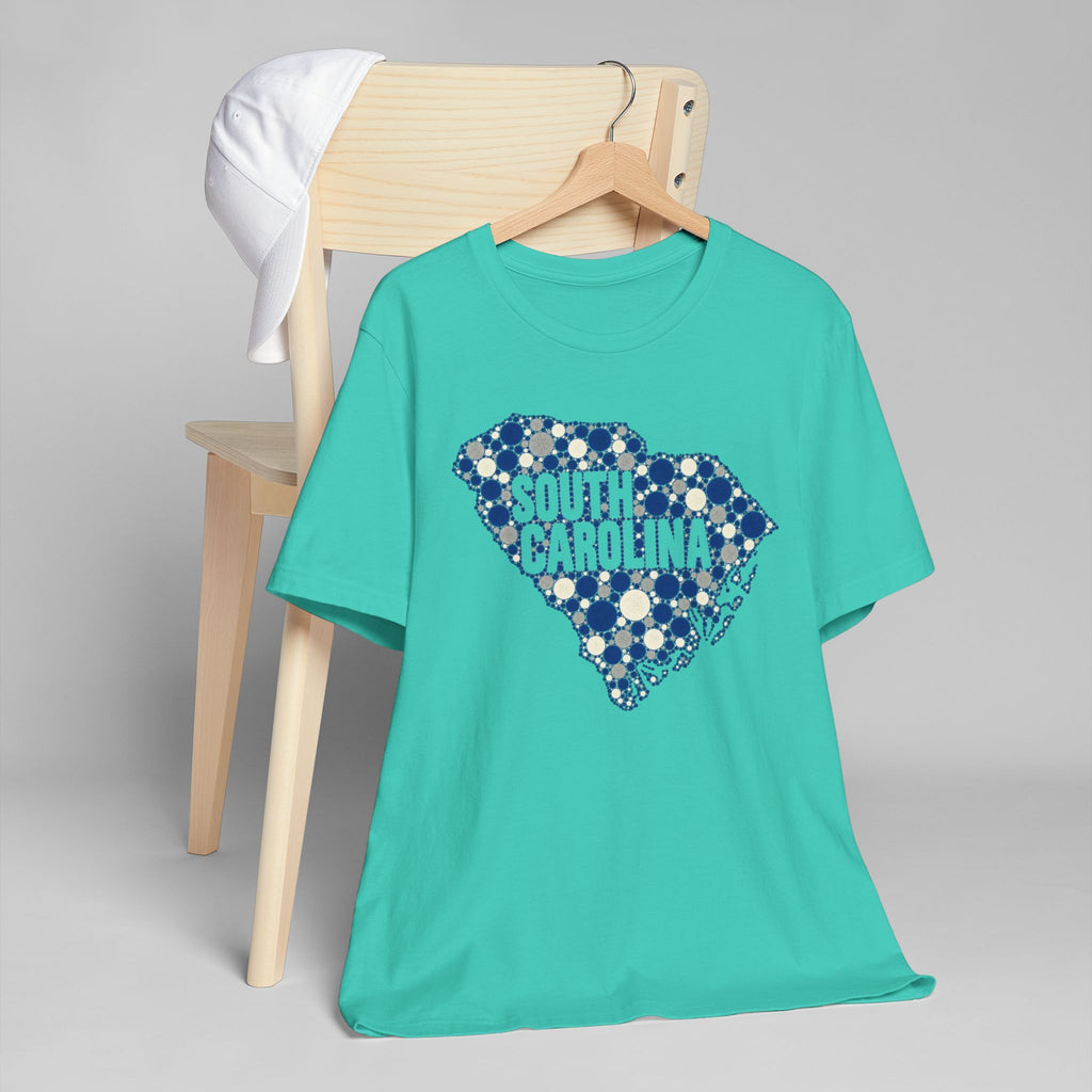 Teal t-shirt with blue dotted South Carolina map graphic.
